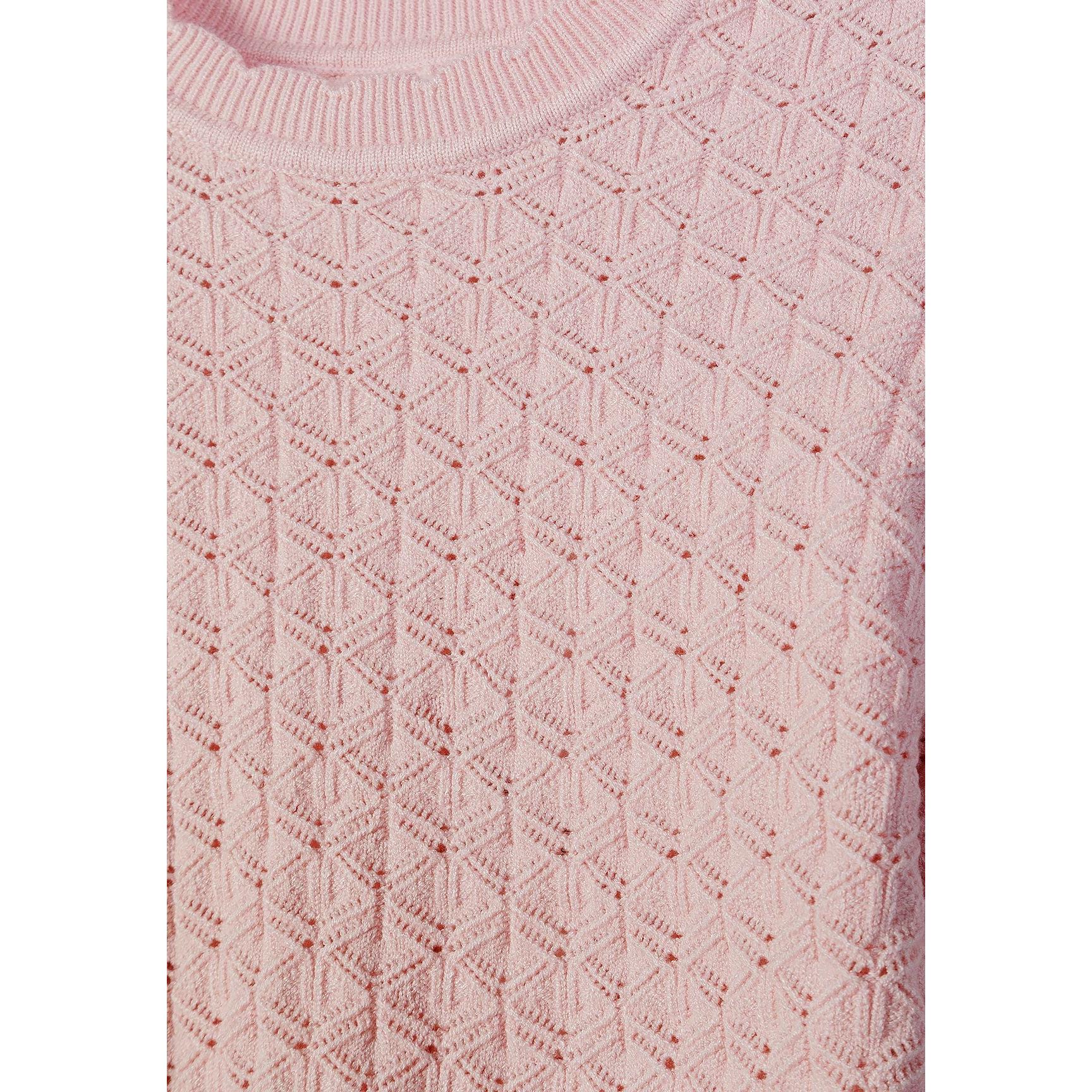 Close-up detail of pink jumper showing intricate pointelle knit texture and crew neckline