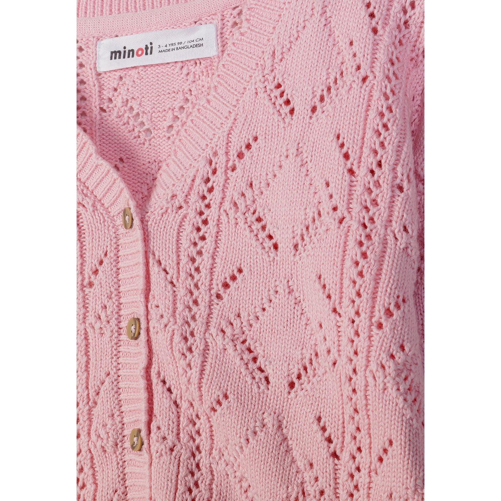 Close-up detail of light pink pointelle cardigan showing Minoti label, button closure and intricate knit texture