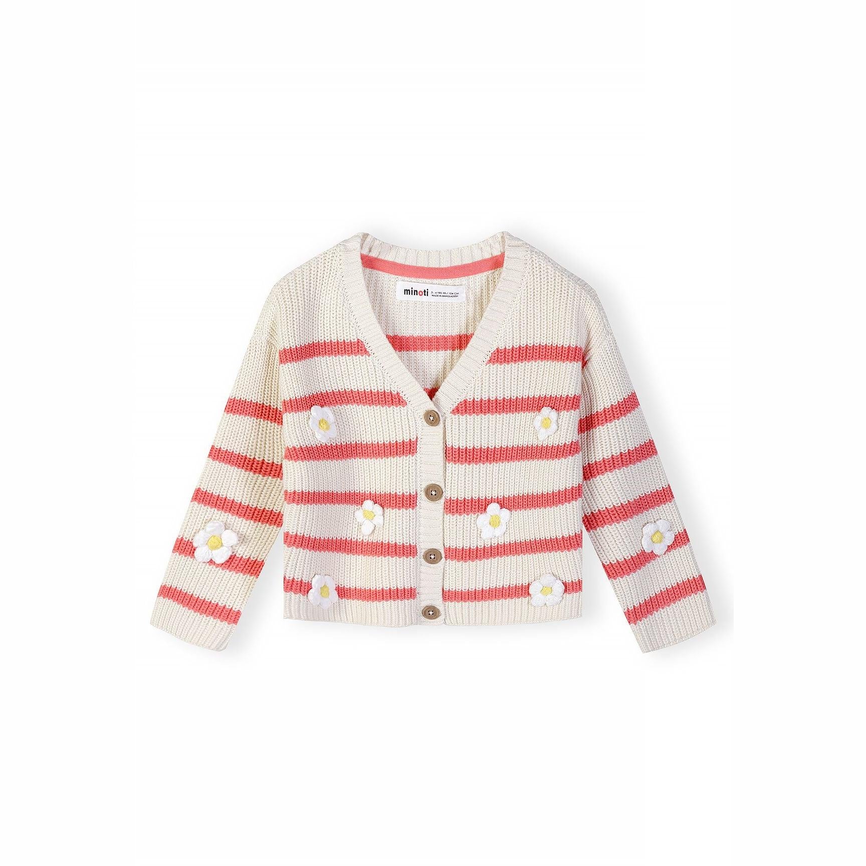 Coral and white striped cardigan laid flat showing button-front closure and daisy embroidery details