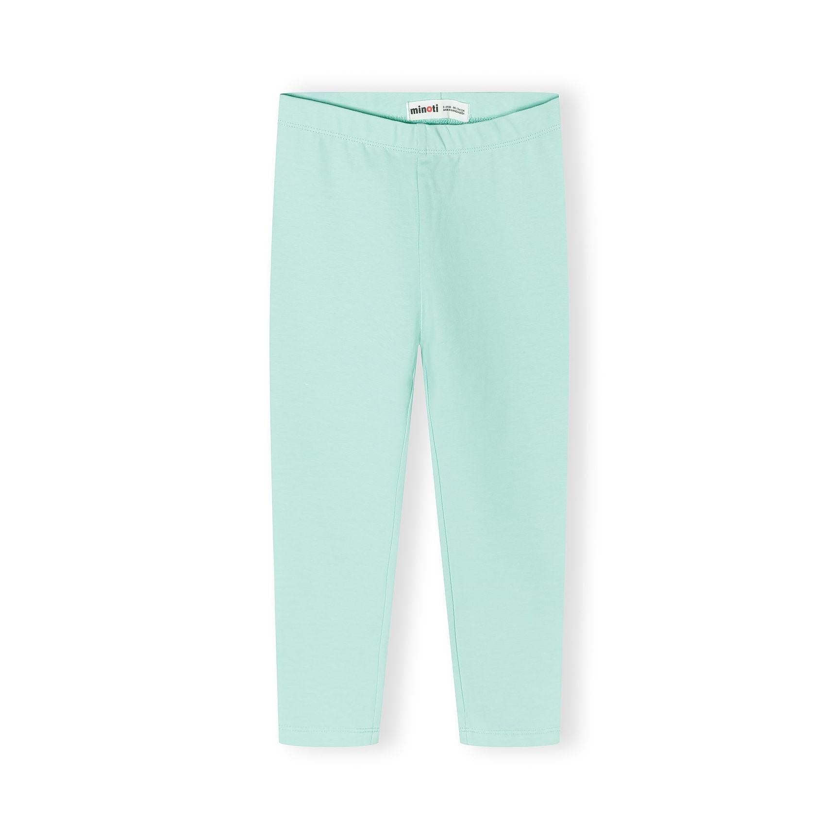 Single mint green leggings laid flat showing full length with white Minoti label at waistband on white background