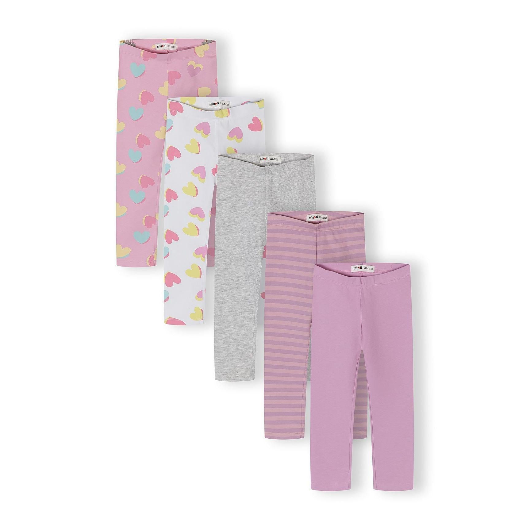 Five purple leggings arranged in a fan layout showing different patterns - heart prints on pink background, white with colorful hearts, grey solid, purple stripe, and solid purple