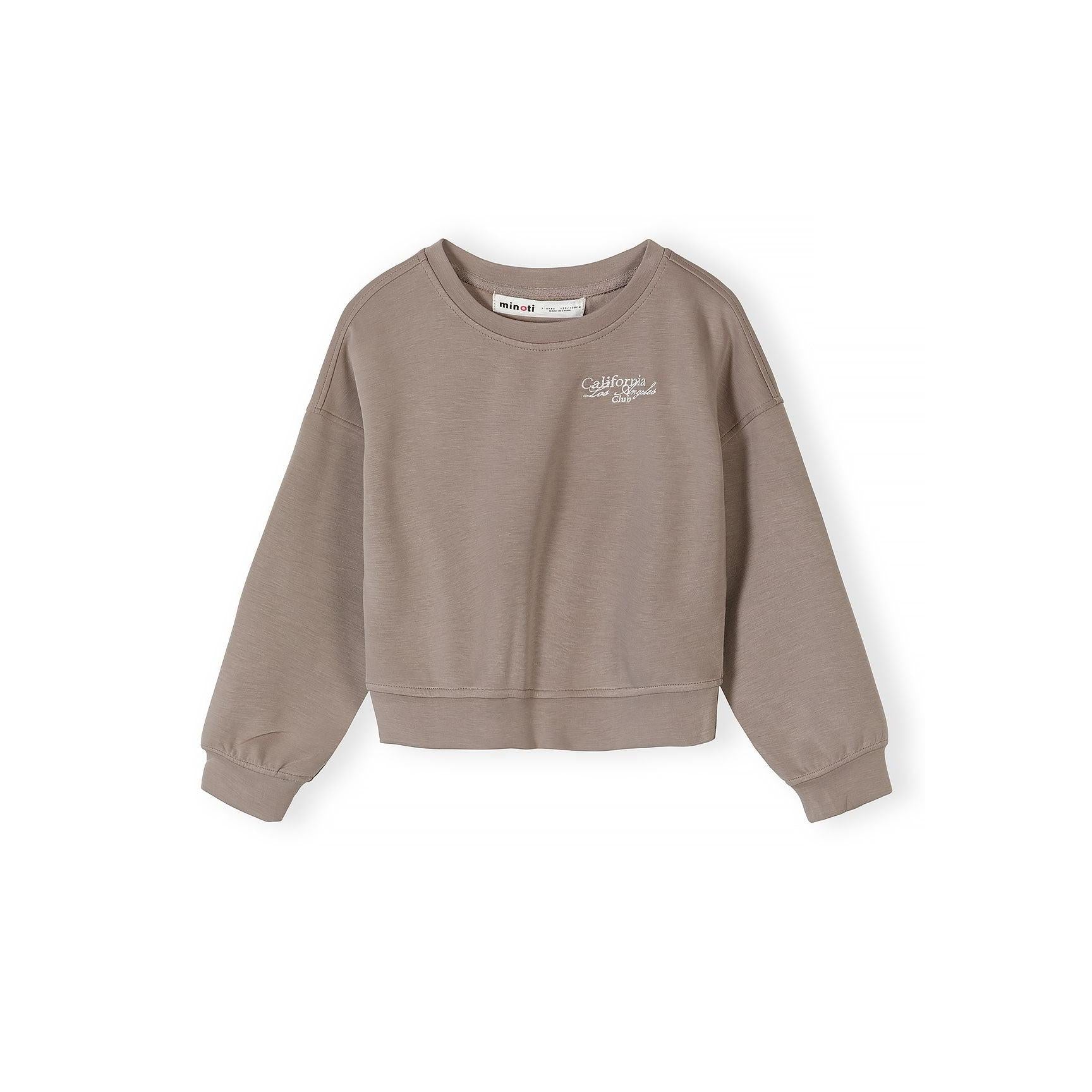 Back view of brown sweatshirt showing relaxed fit and ribbed hem detail on white background