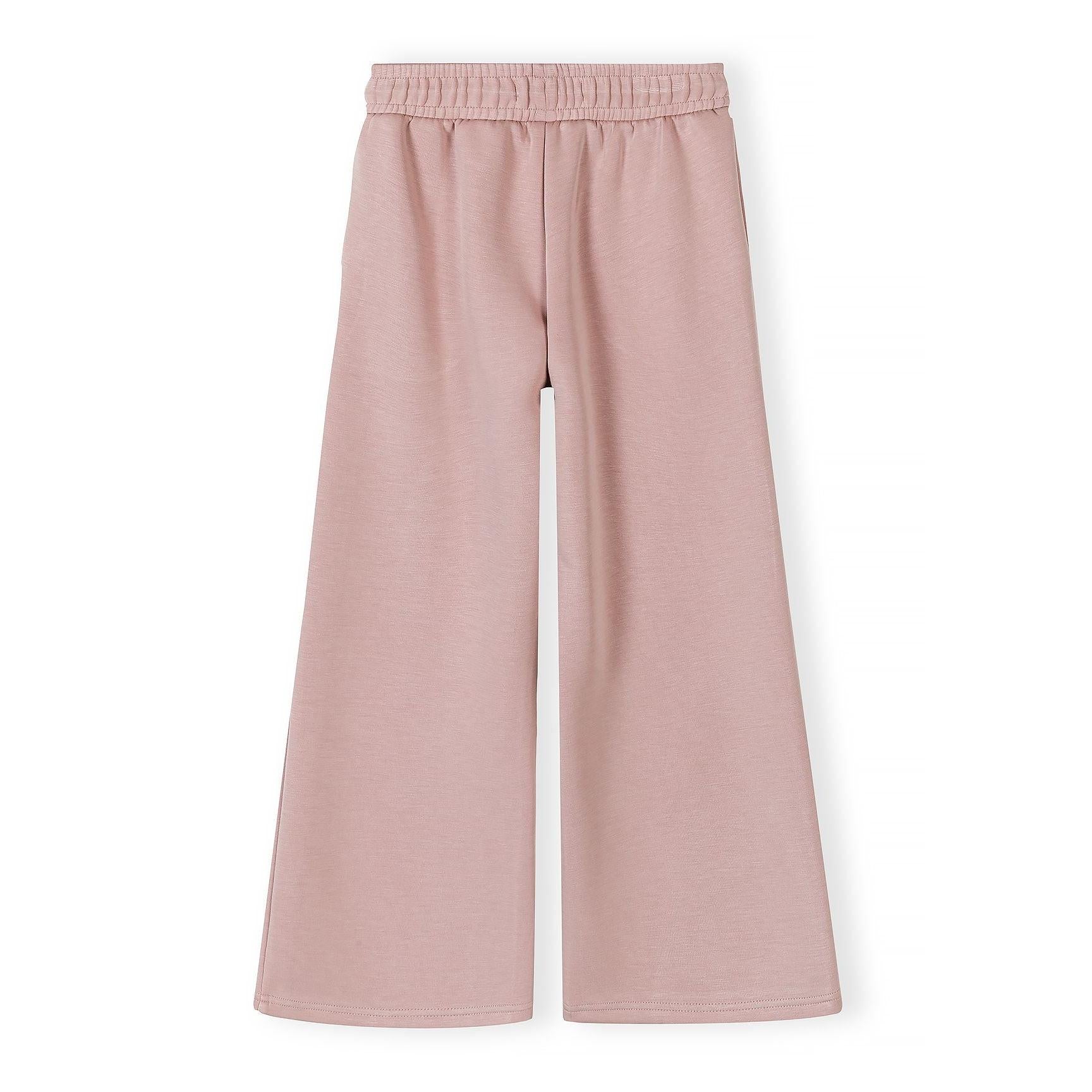 Close-up detail of pink joggers waistband showing elasticated construction, drawstring ties and Minoti brand label