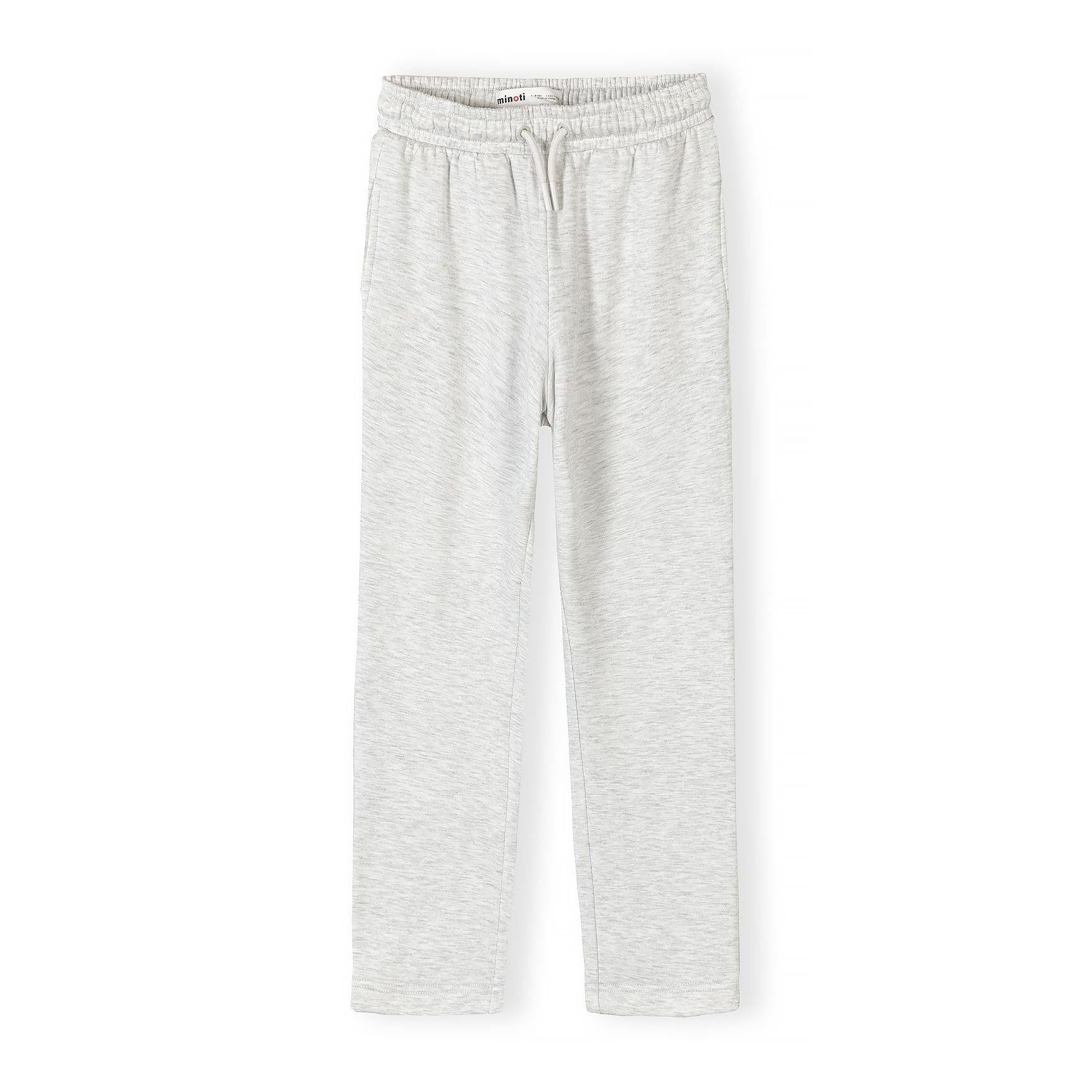 Light grey wide leg joggers laid flat showing full length straight leg silhouette and elastic waistband on white background