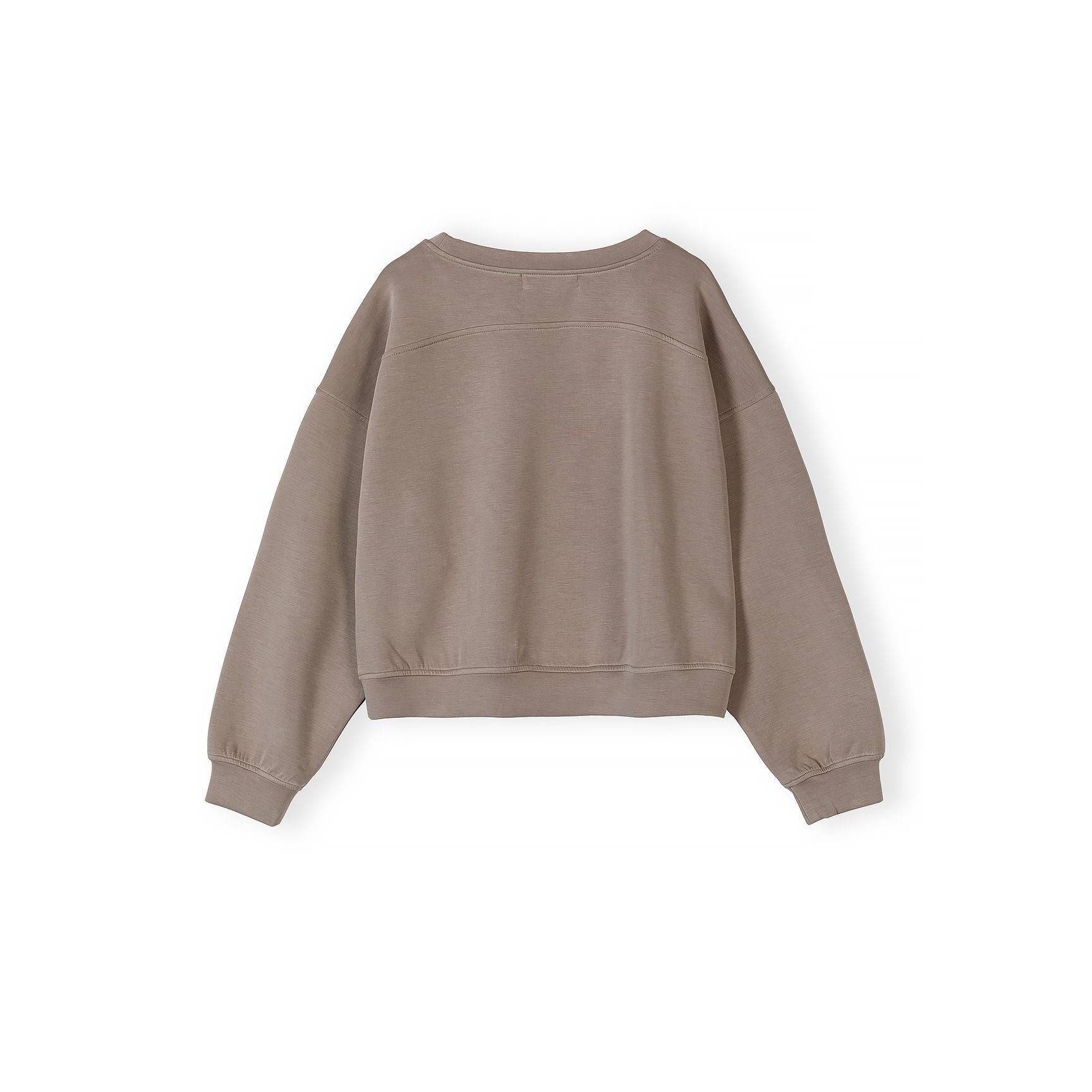 Back view of brown sweatshirt showing plain design with ribbed hem and cuffs on white background