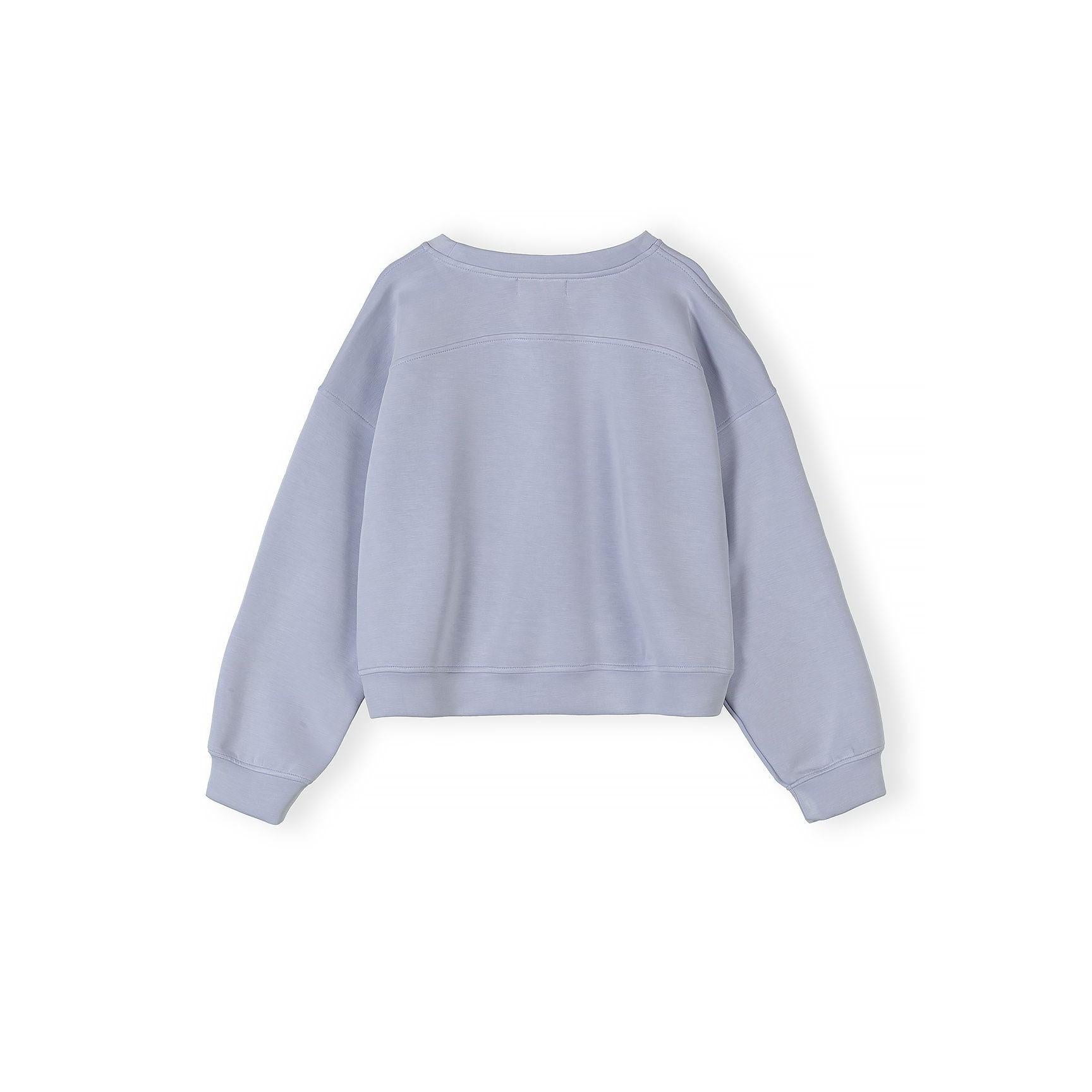 Back view of lavender sweatshirt on white background showing plain design and ribbed hem detail
