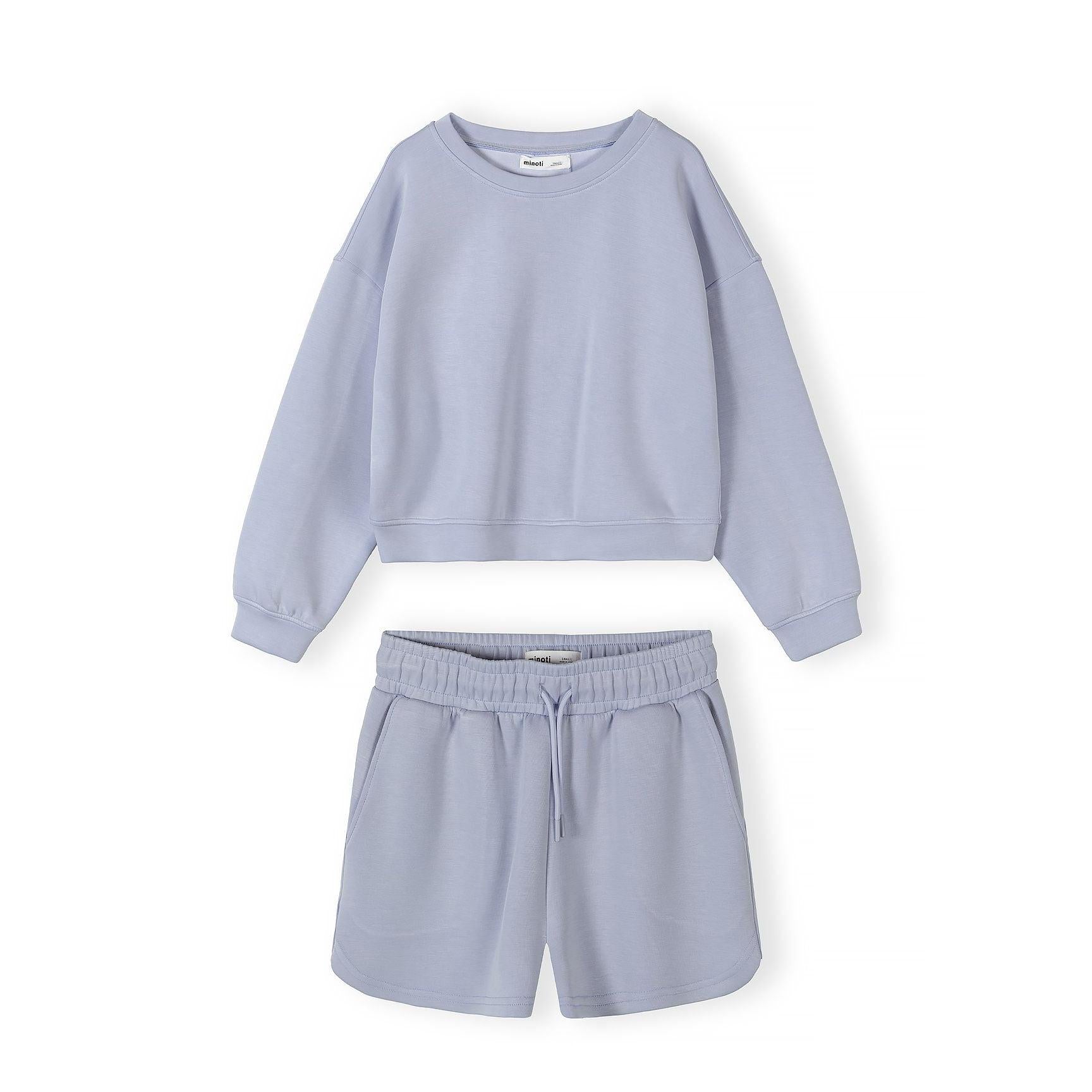 Lavender blue tracksuit set with sweatshirt and shorts displayed flat on white background