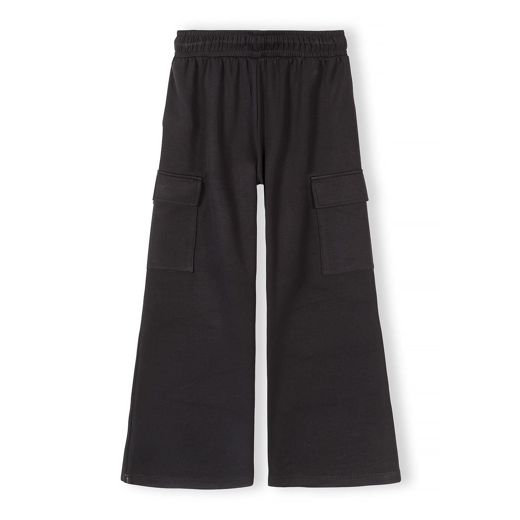 Black wide leg joggers back view on white background showing cargo pockets and straight seam construction