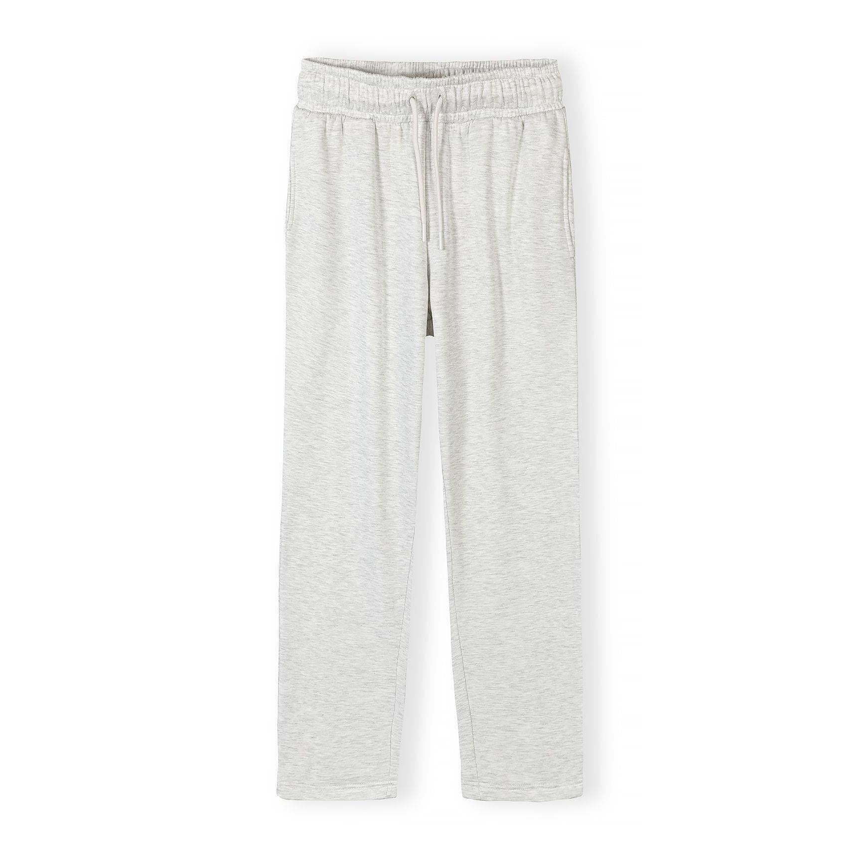 Light grey wide leg joggers on white background, front view showing elastic waistband with drawstring and relaxed flowing silhouette