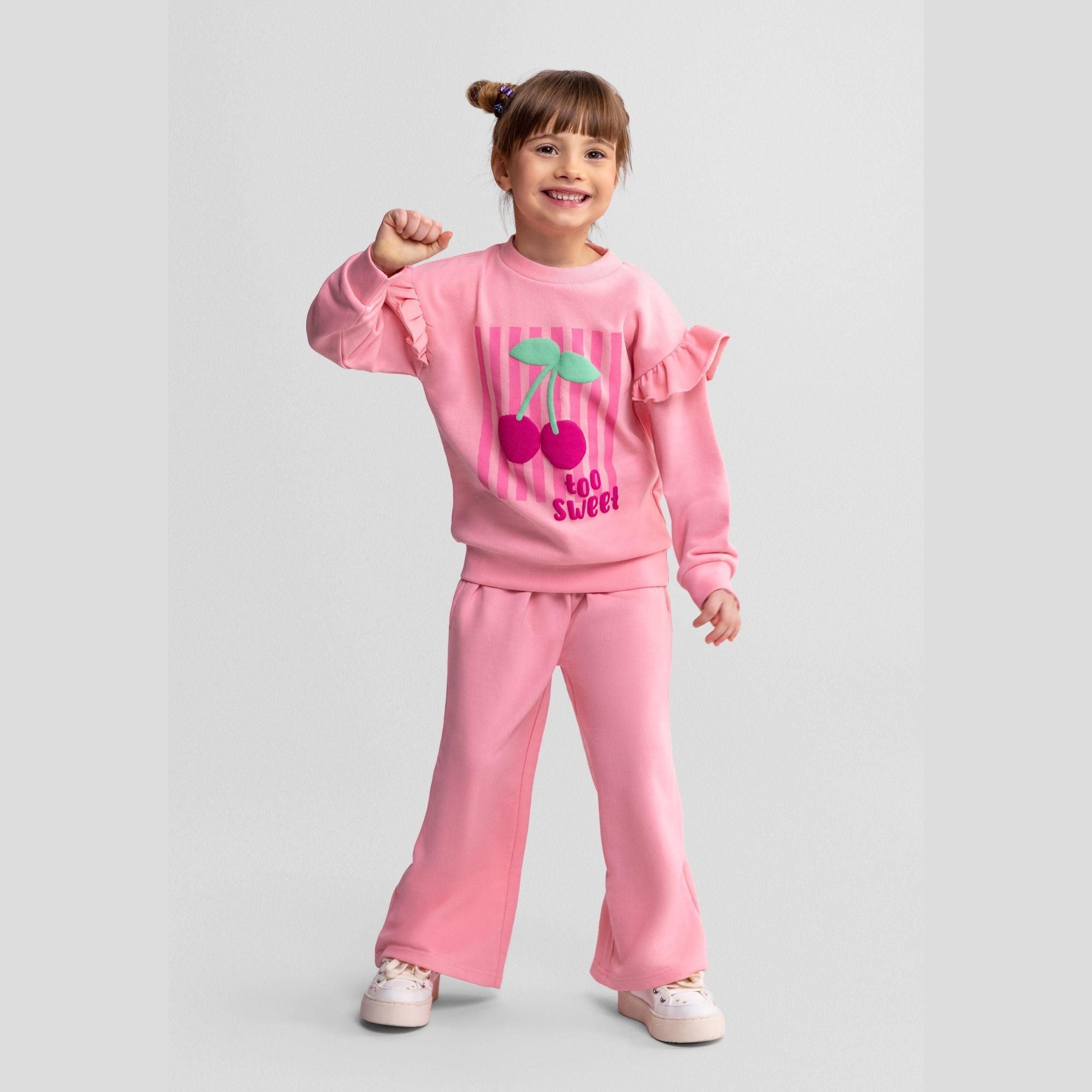 Pink sweatshirt with ruffle sleeves and cherry 'too sweet' print displayed flat against white background