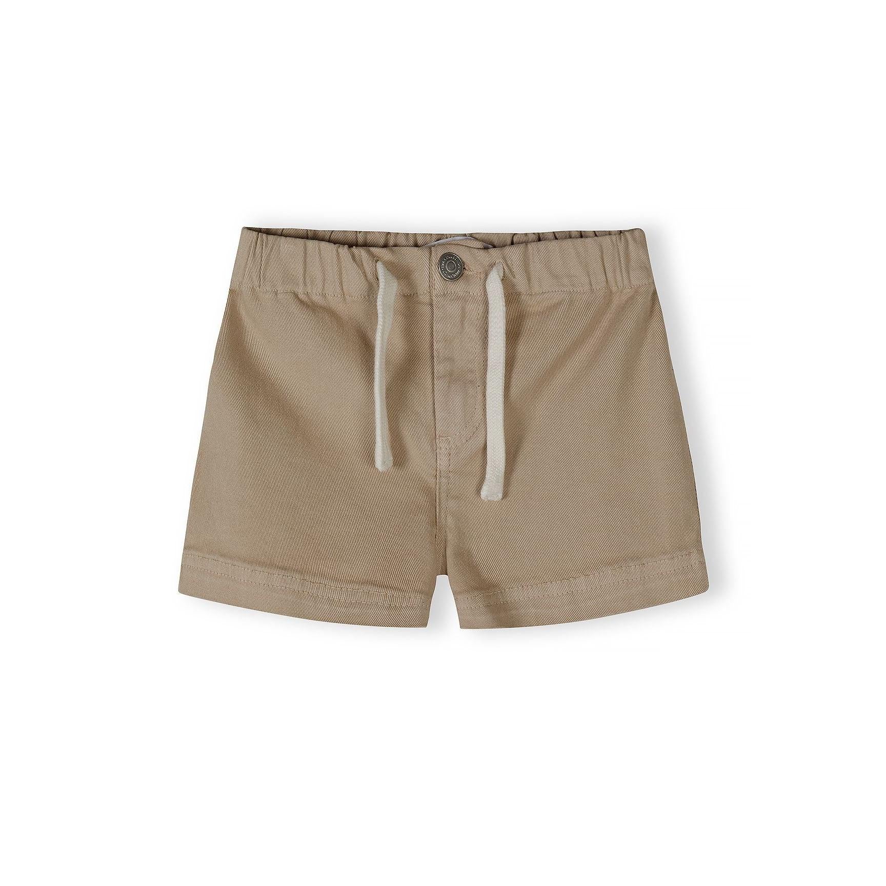 Single beige twill shorts with white drawstring ties and button fastening, shown flat on white background with rolled cuffs visible