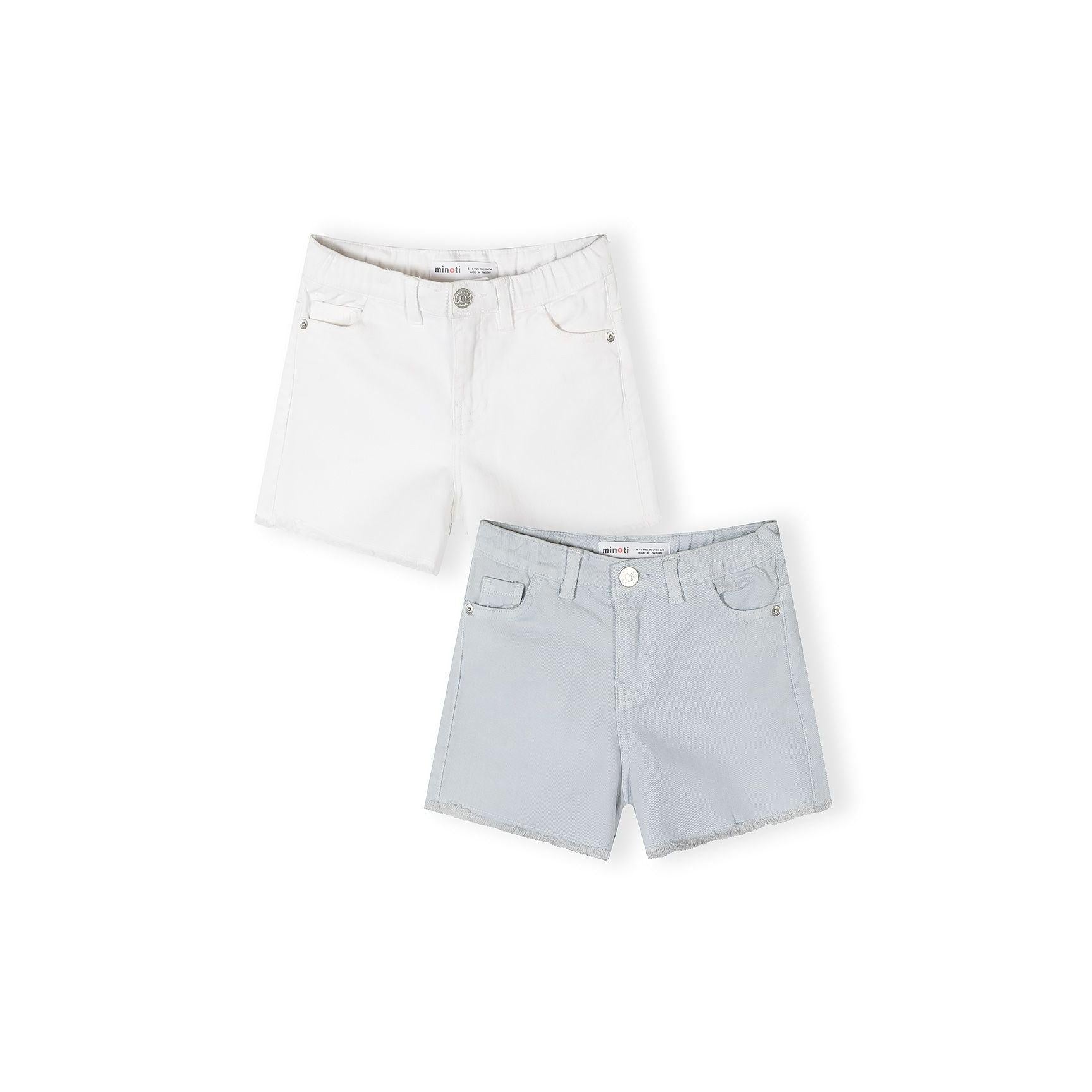 Two pairs of twill shorts displayed on white background - white shorts on top and light blue shorts below, both showing classic 5-pocket styling with button closure and rolled cuffs