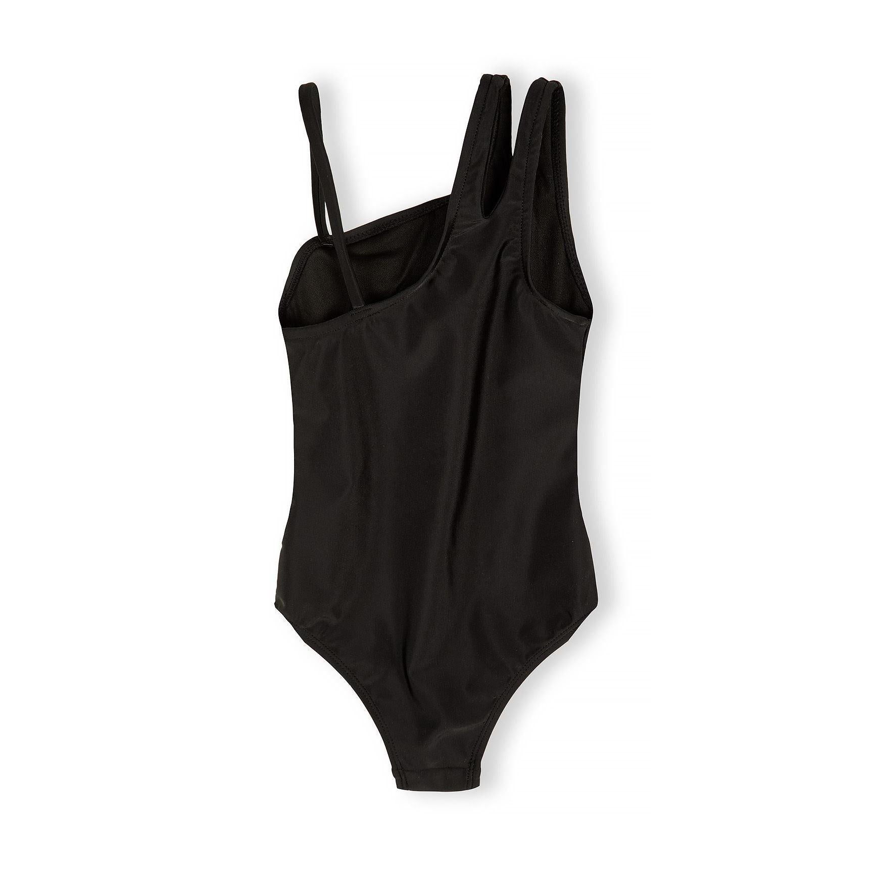 Side view of black asymmetrical swimsuit showing strap configuration and silhouette on white background