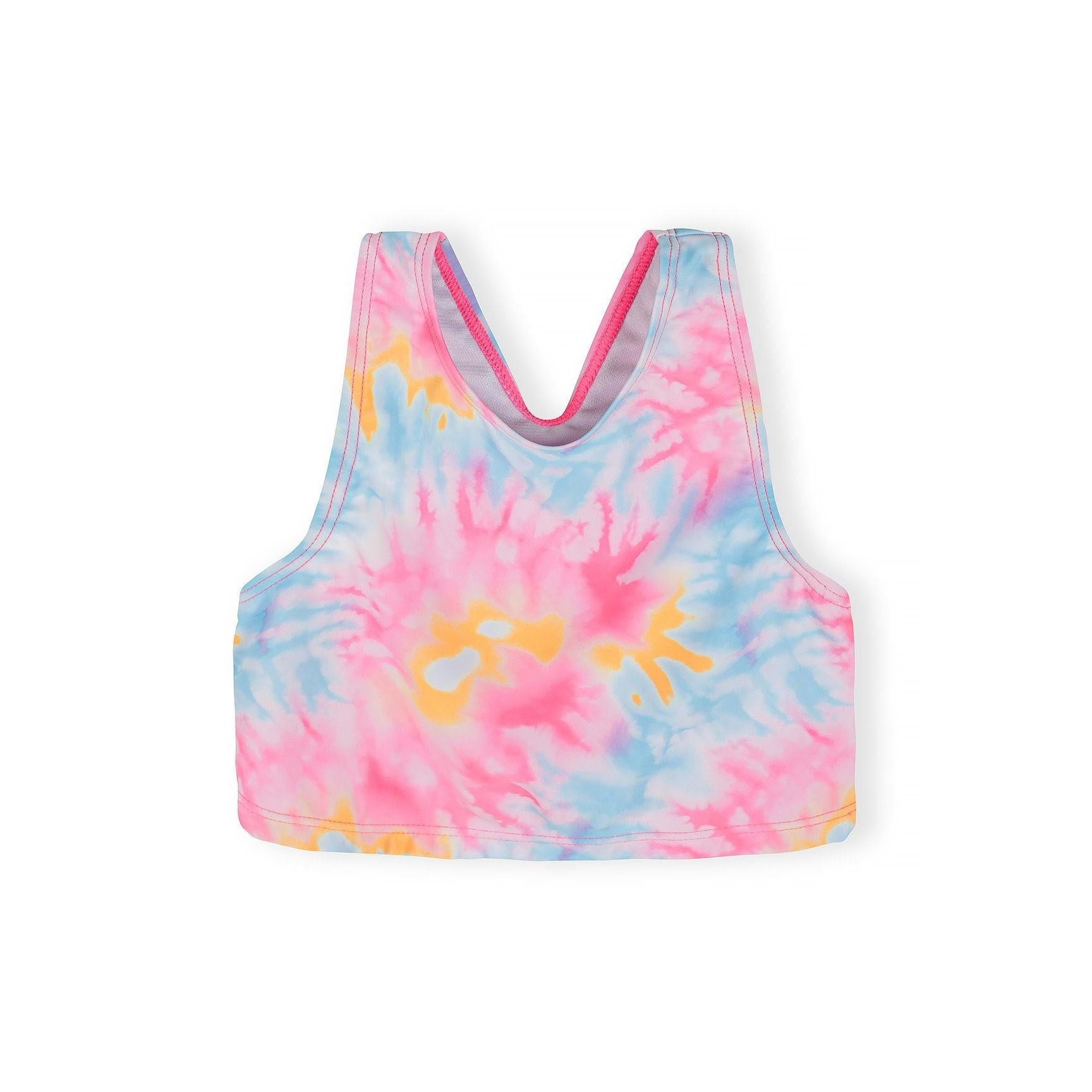 Close-up front view of tie-dye sleeveless rash vest in pink and blue swirl pattern with contrasting pink binding around armholes and neckline