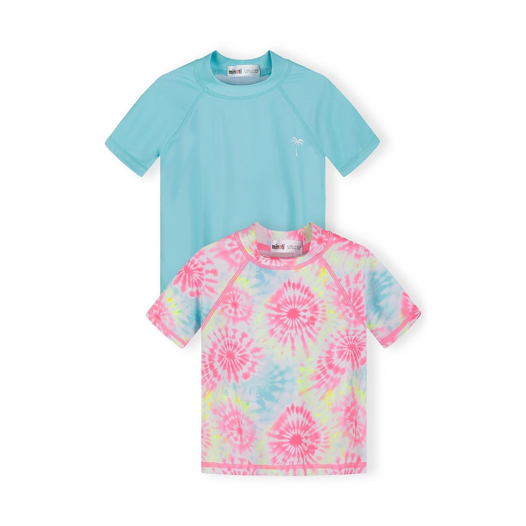 Back view of multicoloured tie-dye swim t-shirt laid flat showing pink, blue, yellow and green spiral patterns on white background