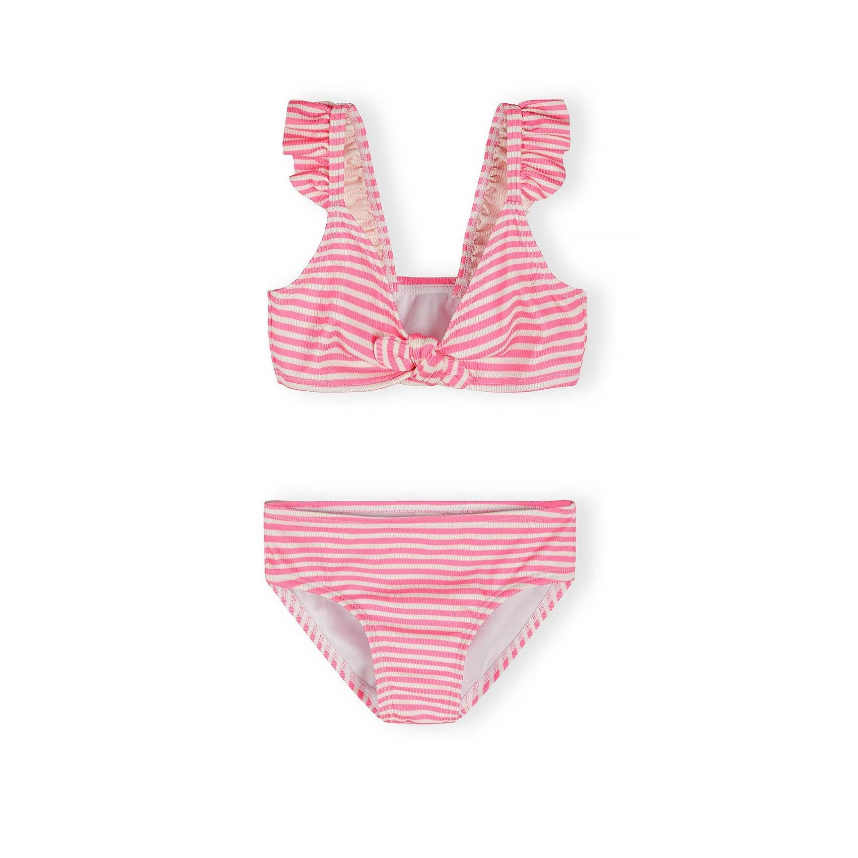 Close-up detail of pink and white striped bikini top showing frill trim along straps and front tie detail with textured fabric pattern