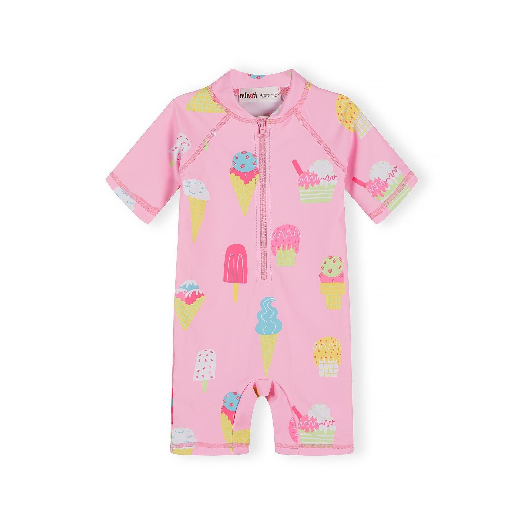 Pink rashguard swimsuit with ice cream print shown flat against white background, featuring full zip front closure and raglan sleeves