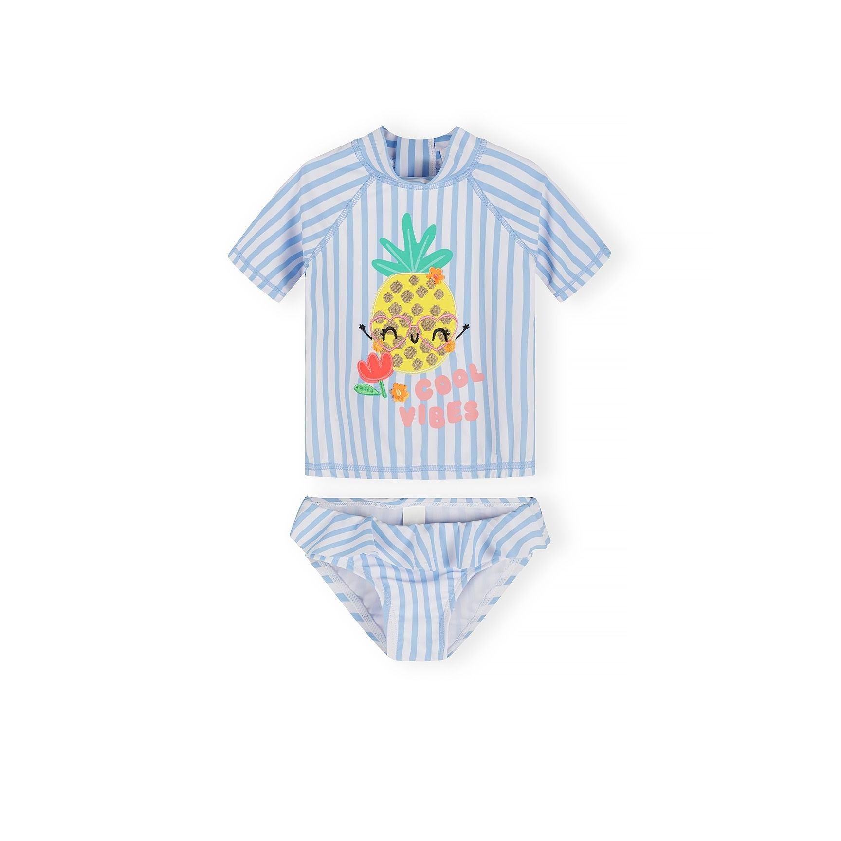 Blue and white striped rash vest set with pineapple character wearing heart-shaped sunglasses, showing UPF 50+ care label and Minoti branding tag