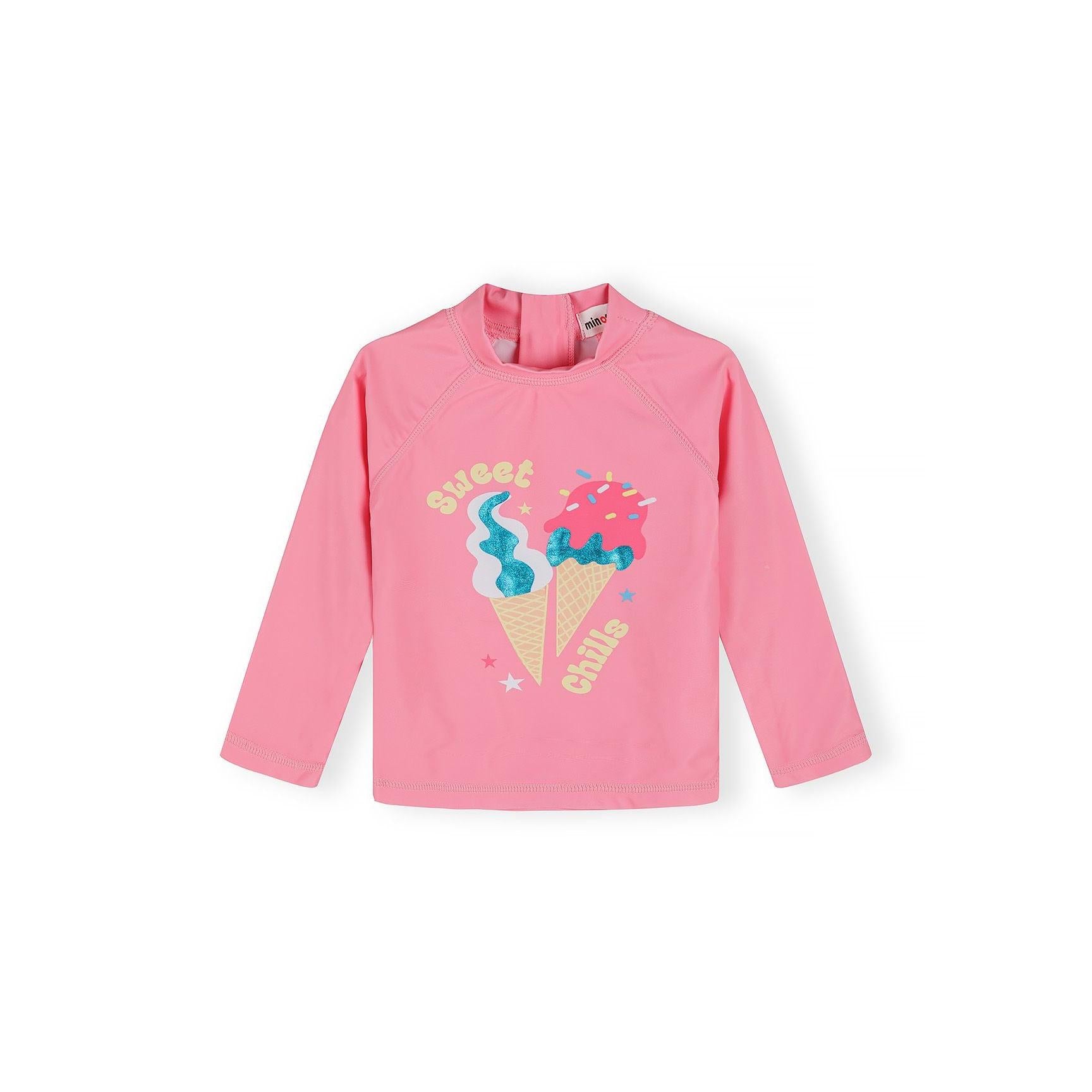 Close-up view of striped swim shorts in blue and white with pink waistband showing elastic construction