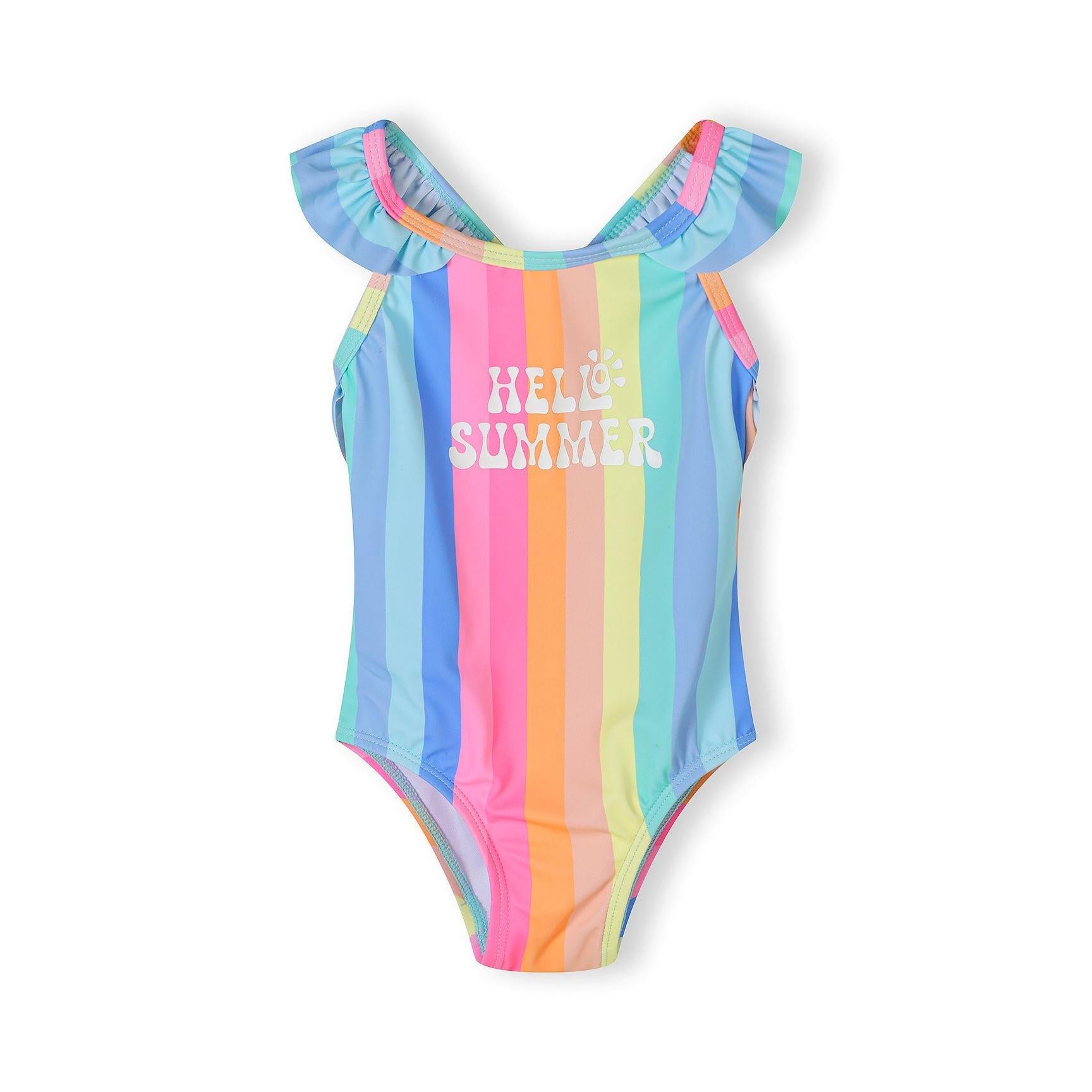 Front view of rainbow striped swimsuit with ruffle neckline and HELLO SUMMER text on white background