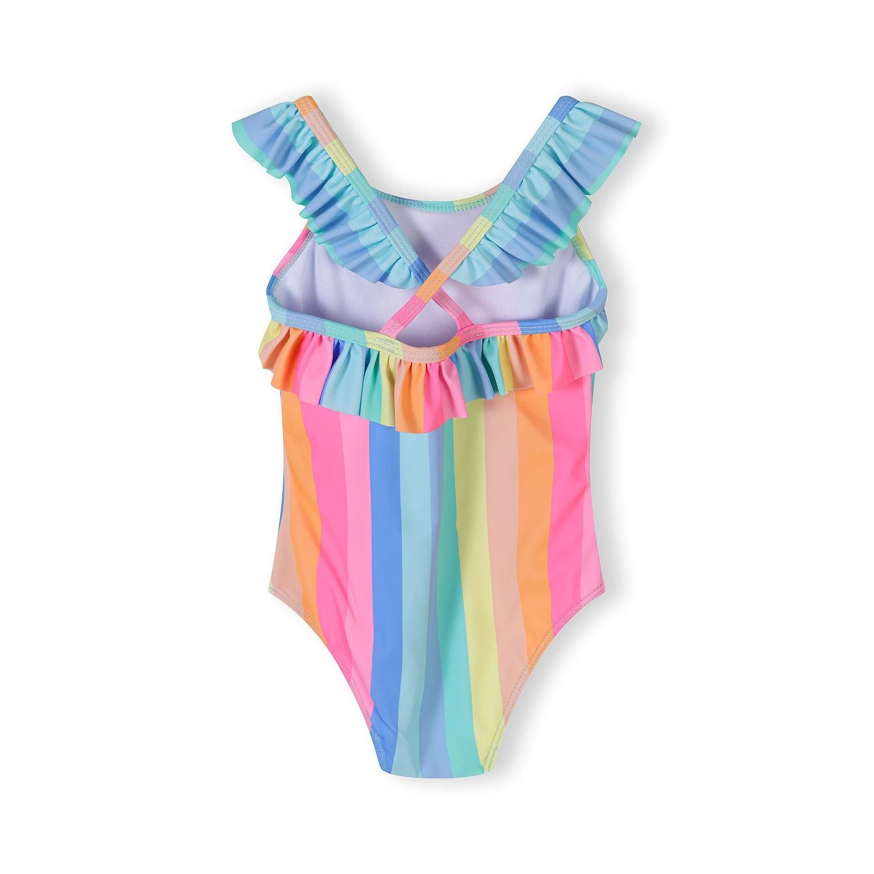 Back view showing cross-back straps with ruffle details and rainbow stripe pattern on white background