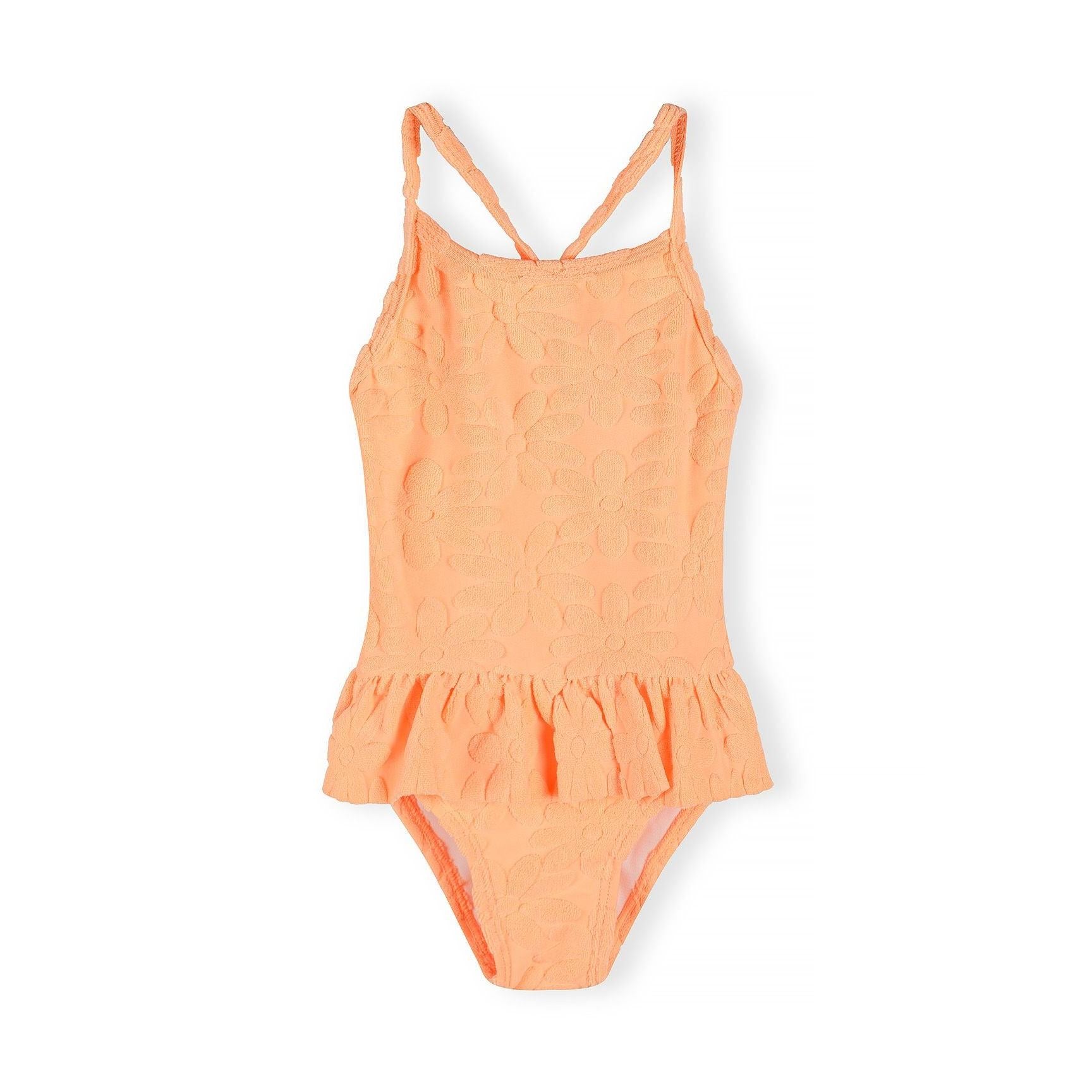Front view of neon orange jacquard swimsuit with textured circular pattern and ruffle shoulder straps on white background