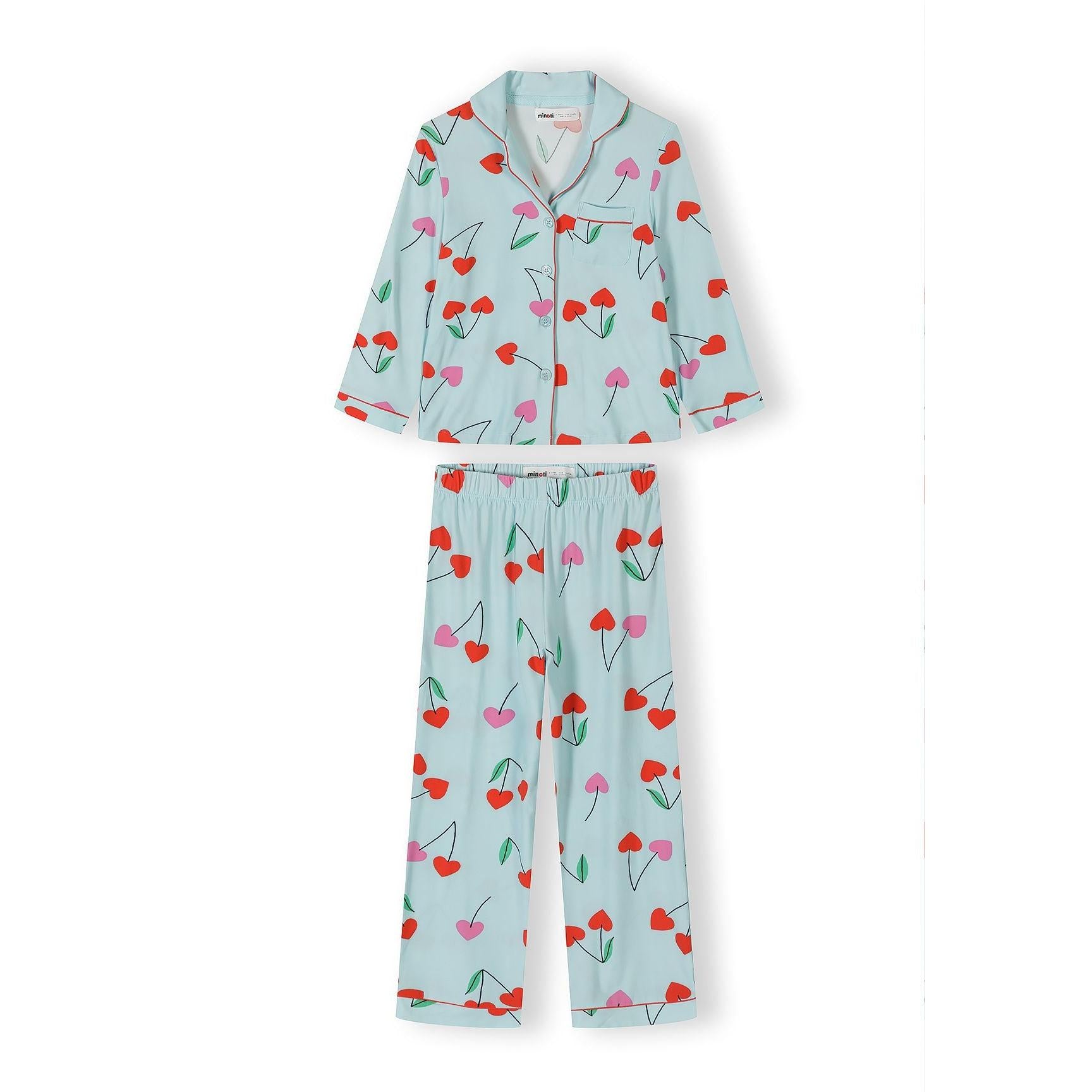 Light blue cherry print pajama set with long sleeve button-through top and matching full-length bottoms on white background