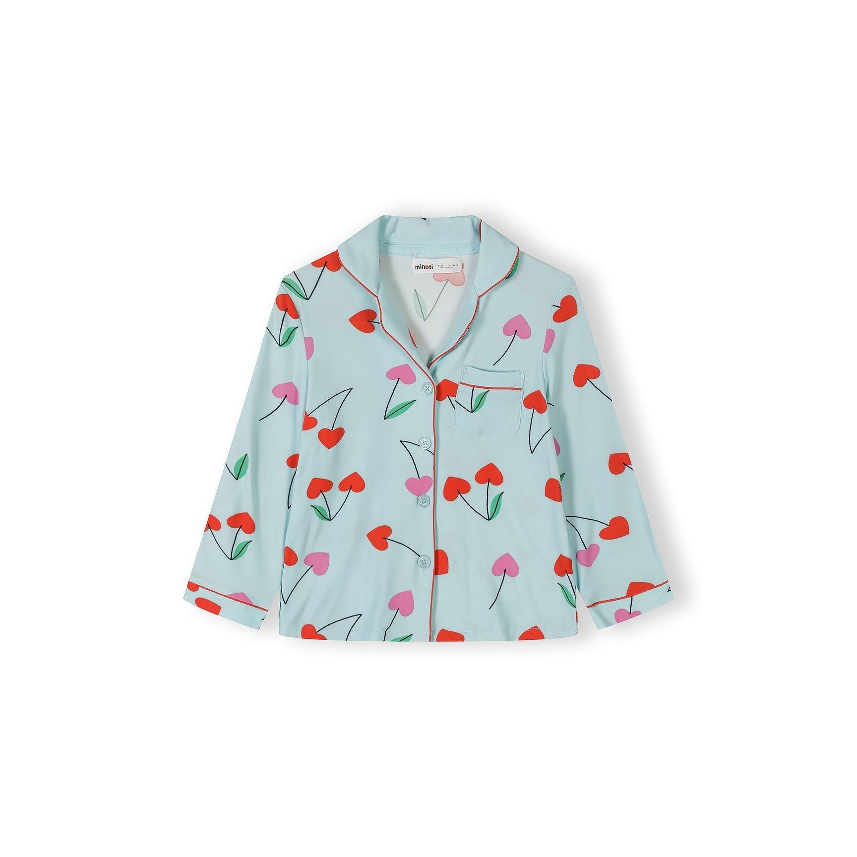 Close-up of light blue cherry print pajama top with button-through front, notched collar and chest pocket on white background