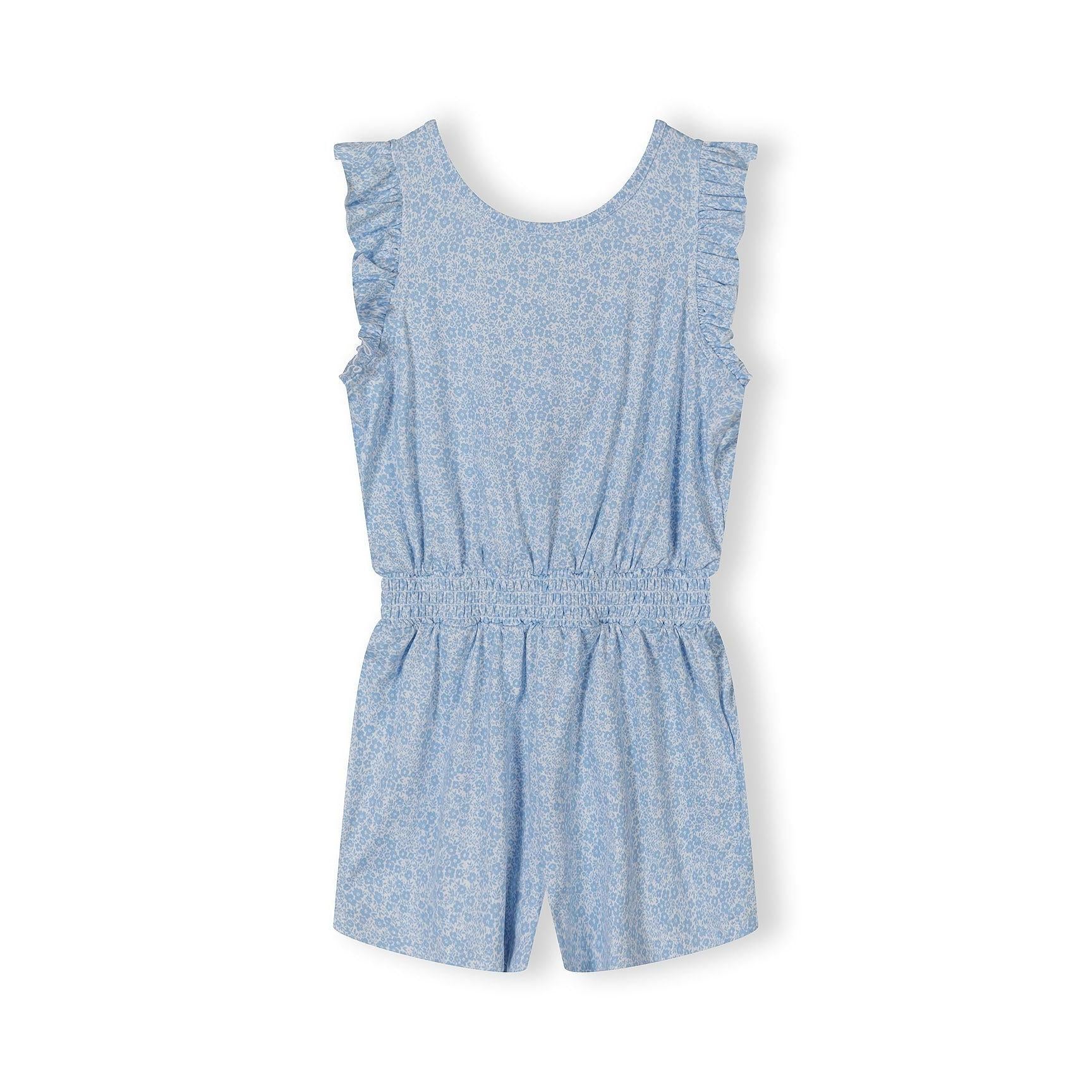 Blue floral jumpsuit laid flat showing sleeveless design with ruffle armholes and elasticated waist on white background
