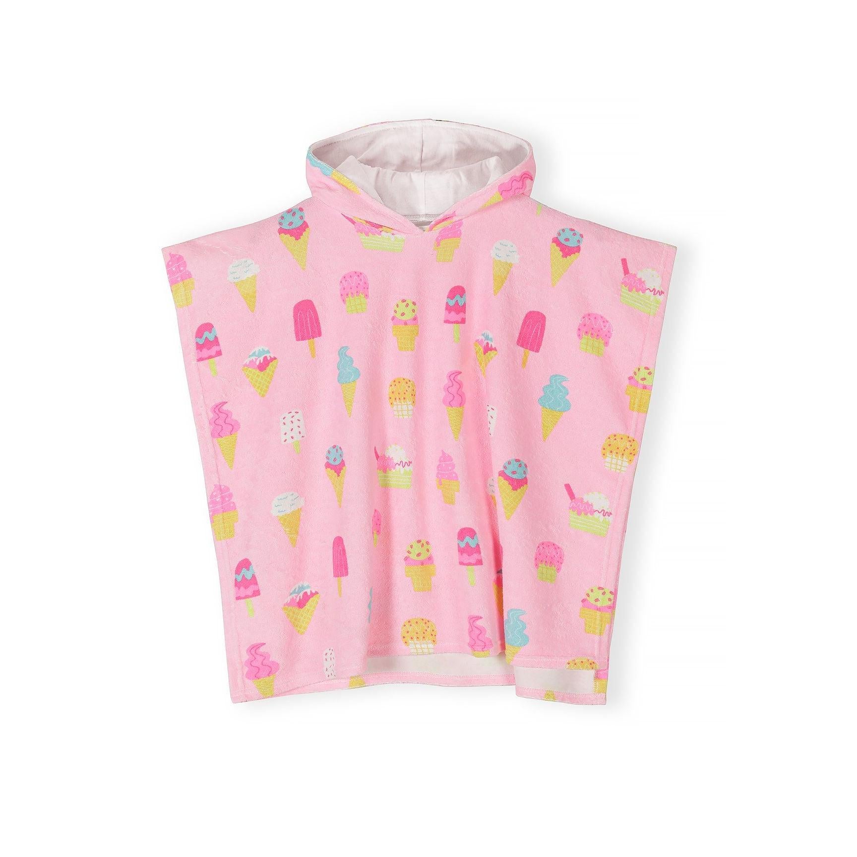 Pink hooded towelling cover-up with ice cream print displayed flat on white background, showing front view with hood and sleeveless poncho design