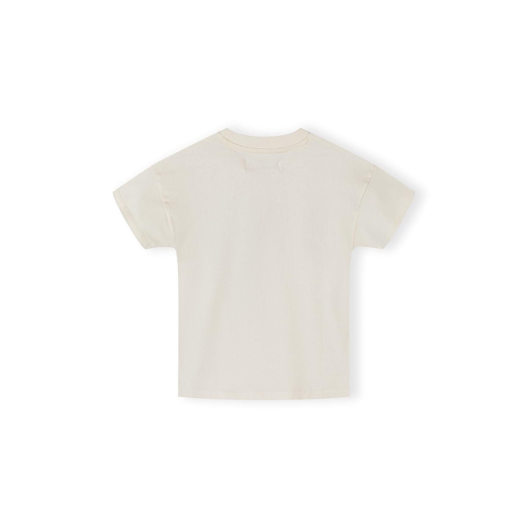 Back view of off-white cotton t-shirt showing plain design and yellow contrast trim at neckline