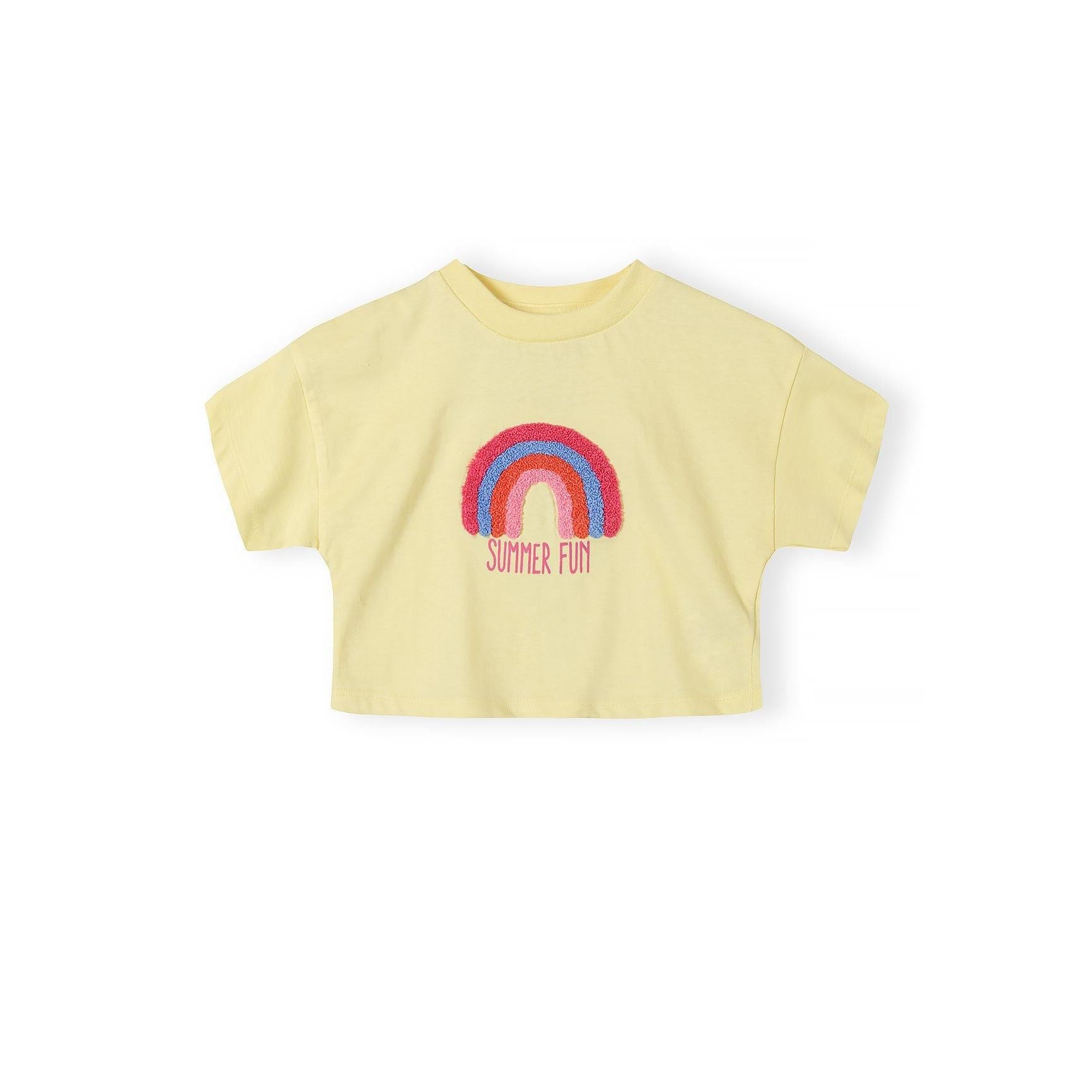 Back view of pale yellow cotton t-shirt showing plain design and short sleeves on white background