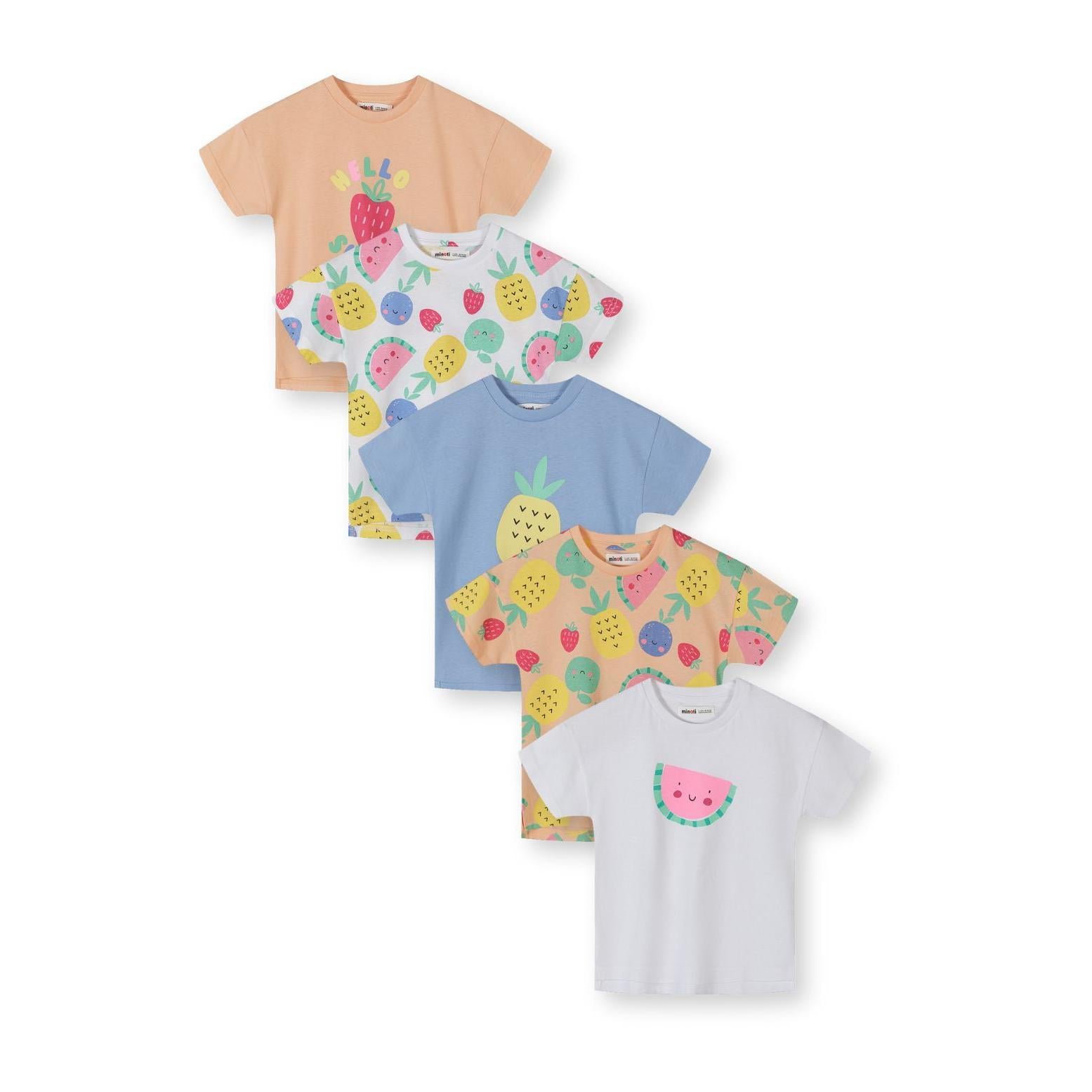 Five cotton t-shirts laid out showing fruit print designs in apricot, white and blue colours with pineapple, strawberry and watermelon graphics against white background