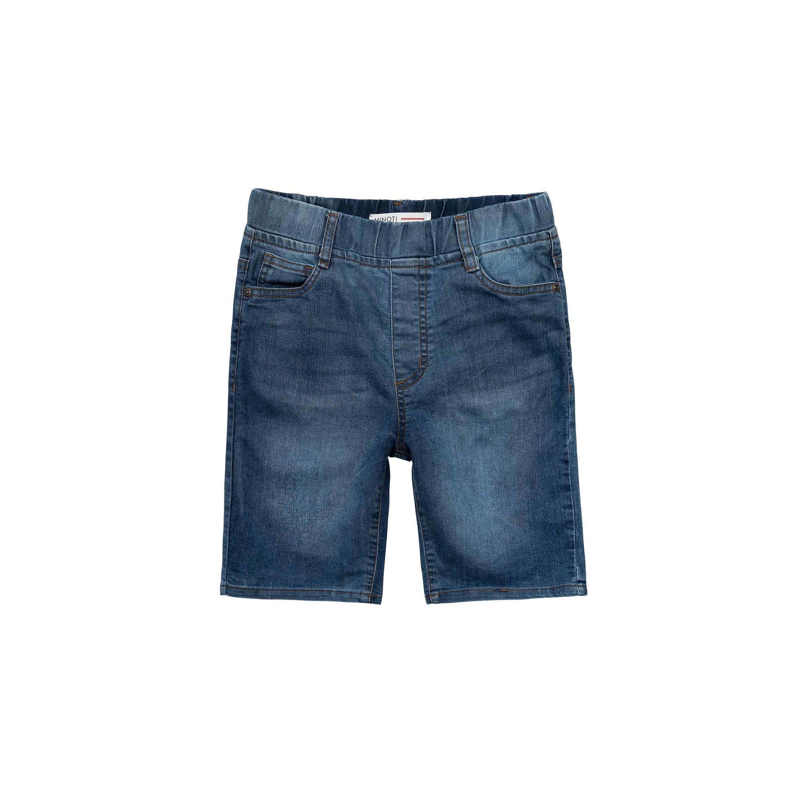 Front view of light blue denim shorts with elasticated waistband on white background