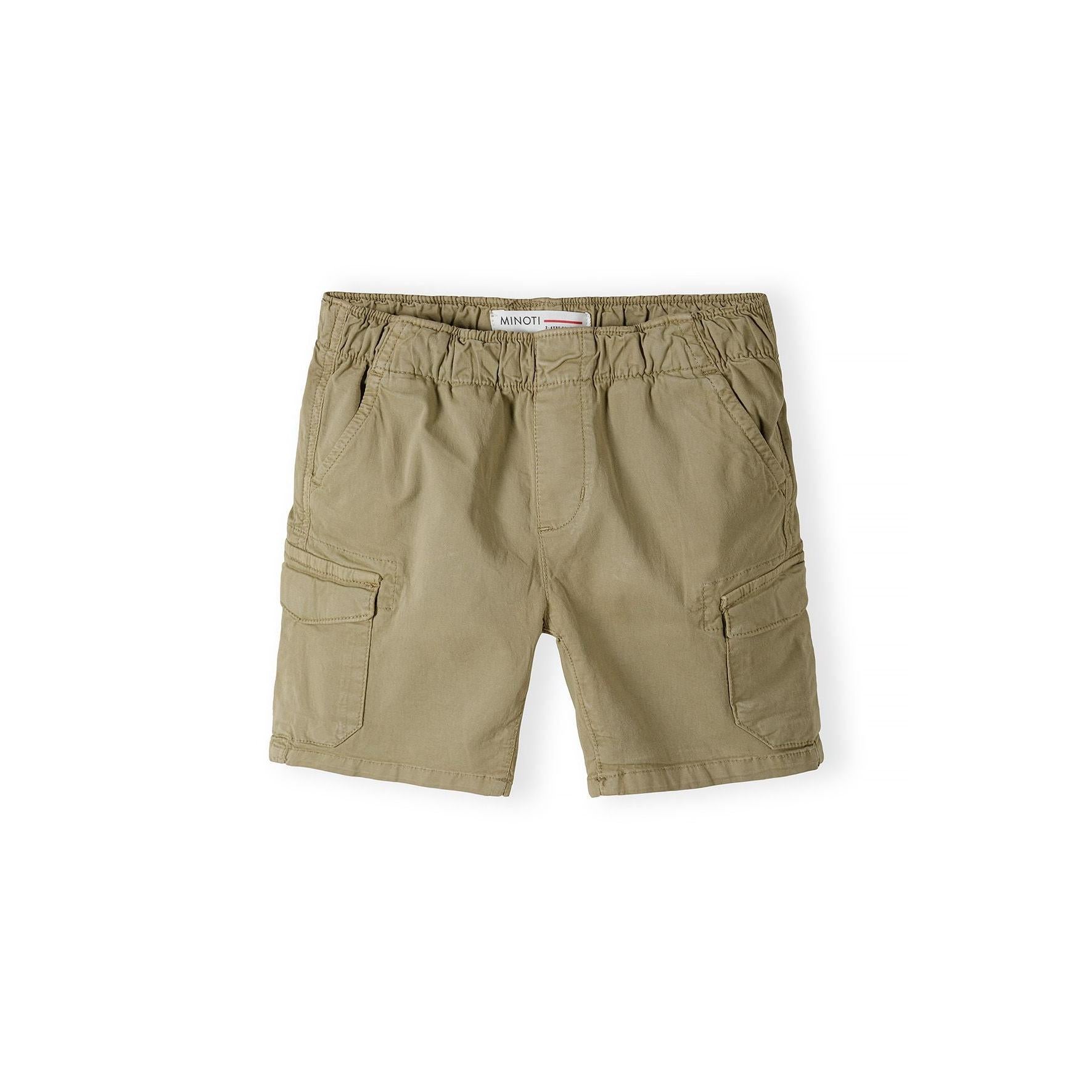 Back view of khaki cargo shorts showing elasticated waistband, rear pockets with flaps and navy blue brand label