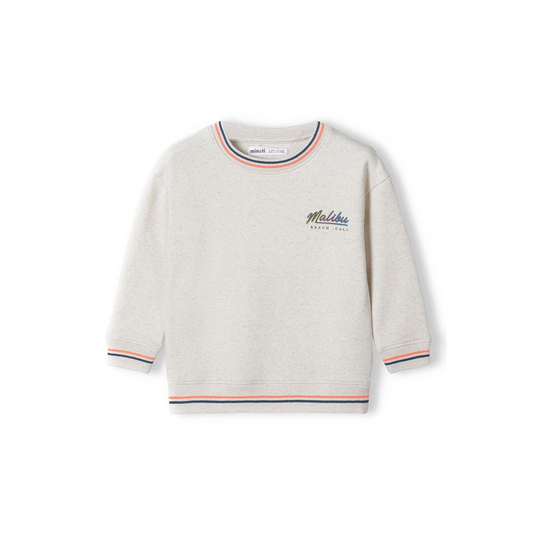Beige crew sweatshirt with Malibu Beach print on chest, featuring contrast orange and navy tipping details on crew neckline, cuffs and hem, displayed flat on white background