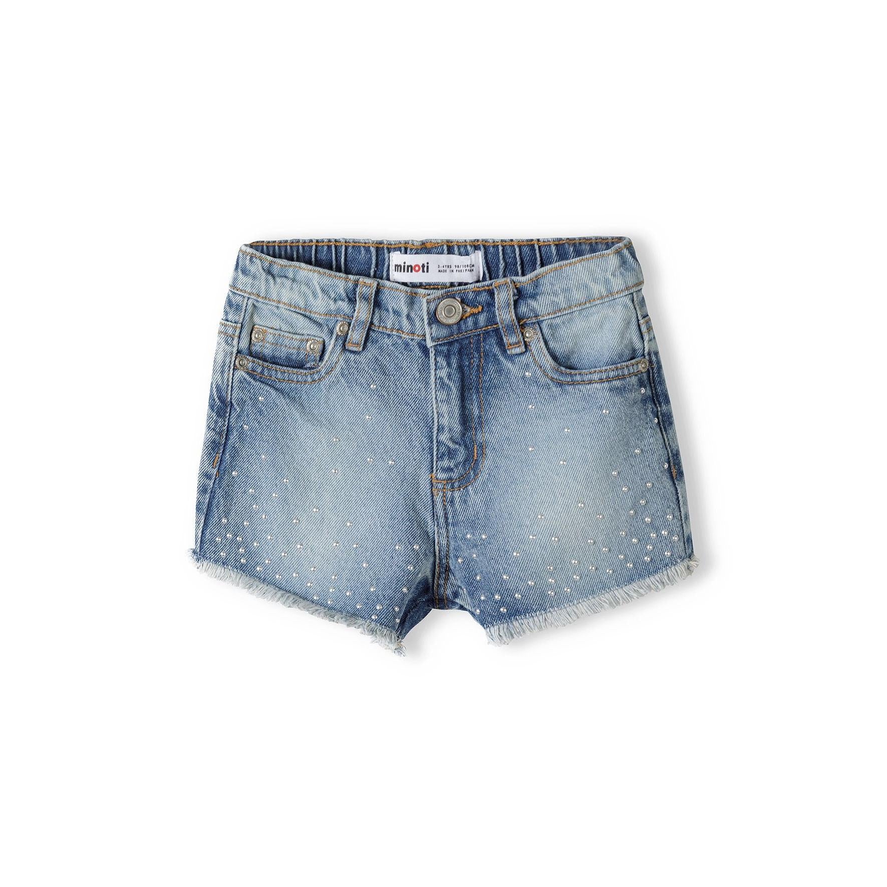 Light blue denim shorts with white stud detailing laid flat on white background, showing front view with button closure and frayed hemlines