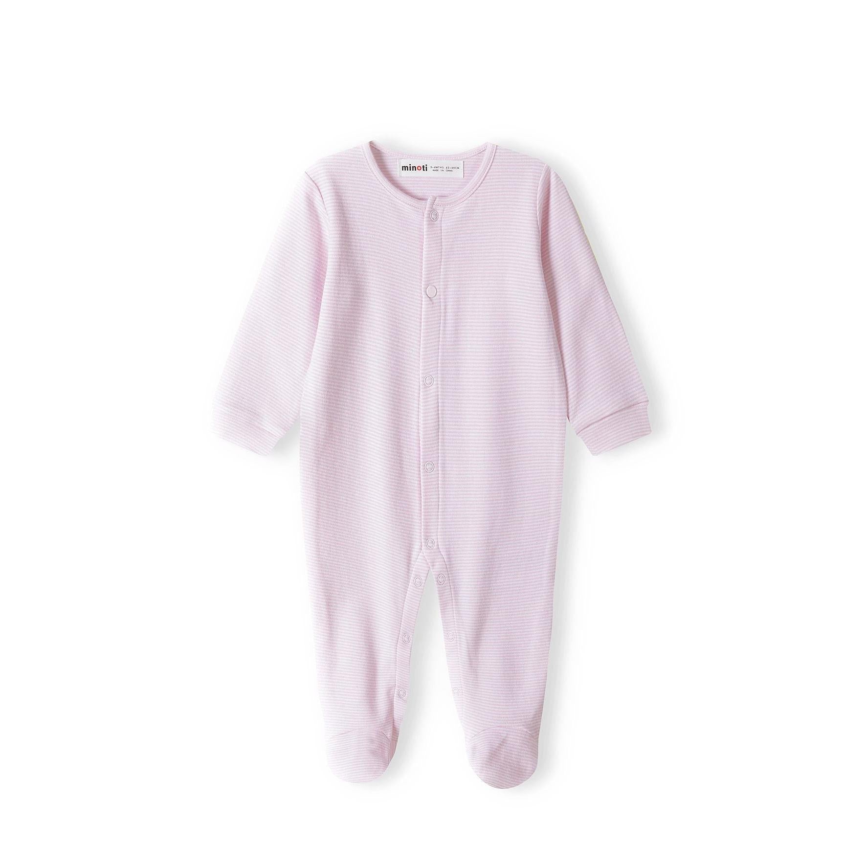 Back view of pink striped baby sleepsuit showing button fastening detail and enclosed feet design on white background