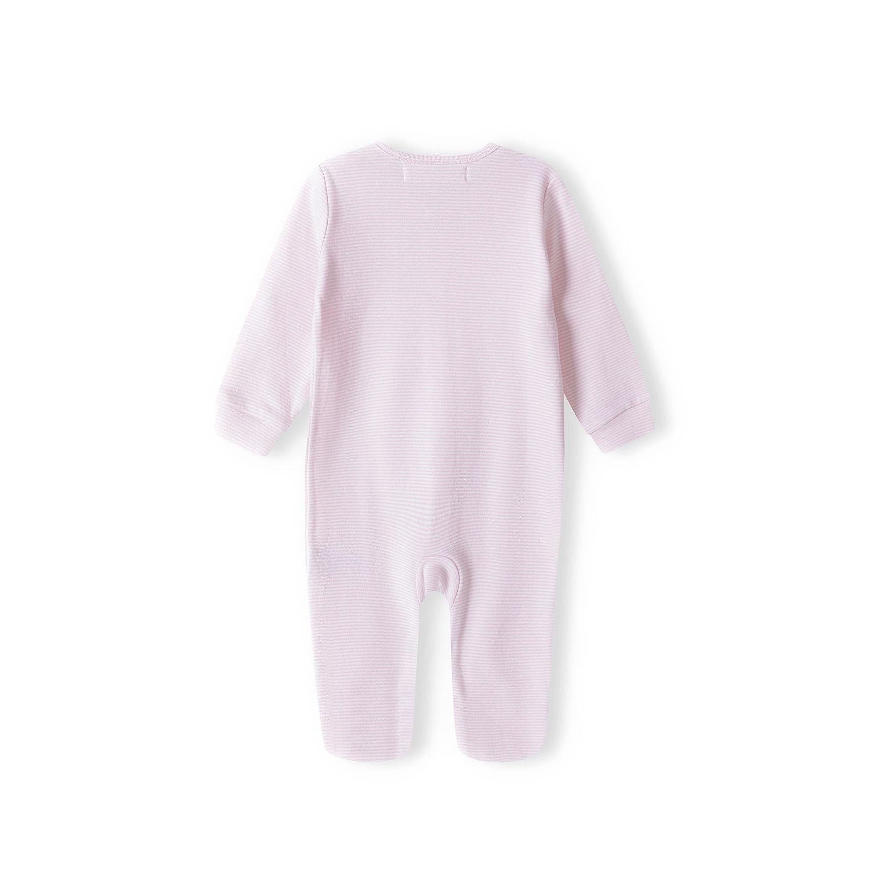 Back view of pink striped baby sleepsuit showing button fastening detail and enclosed feet design on white background