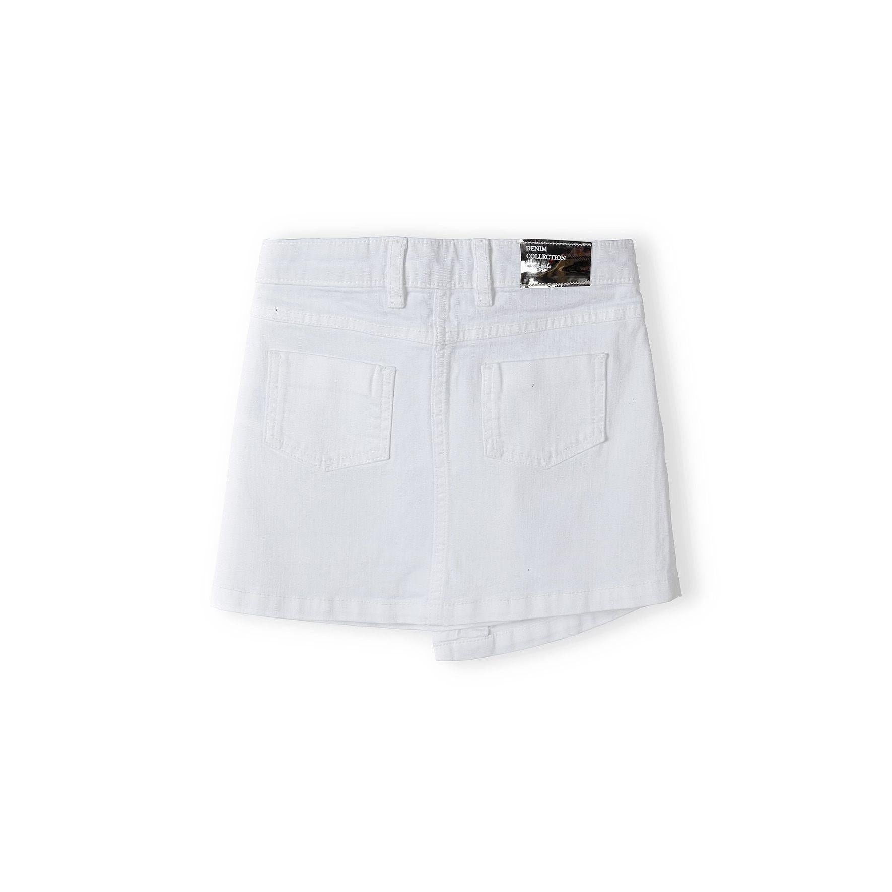 Back view of white twill skirt showing classic five-pocket styling and brand label, displayed flat on white background