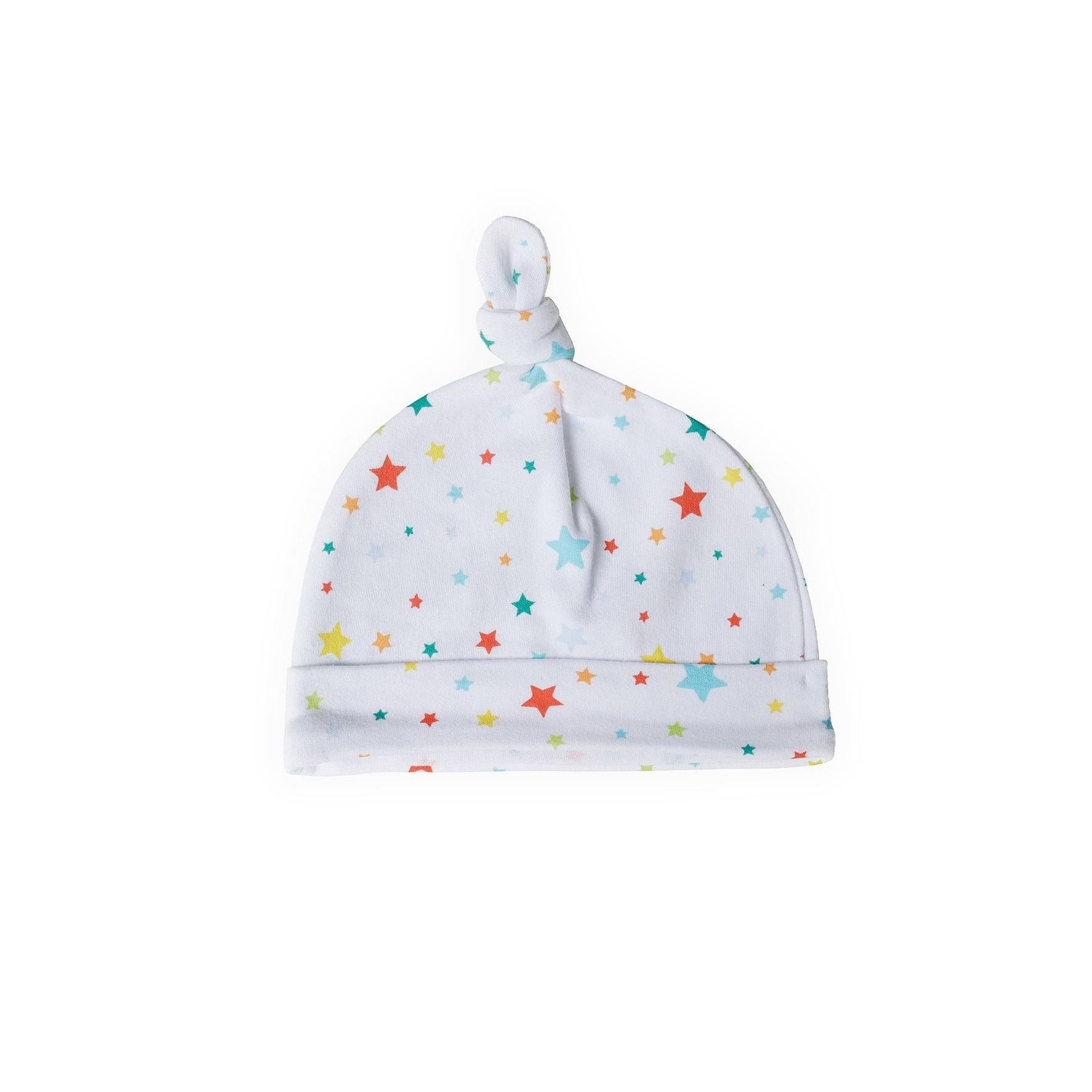 Single baby hat with multicoloured star print pattern on white background showing knotted top detail and rolled hem