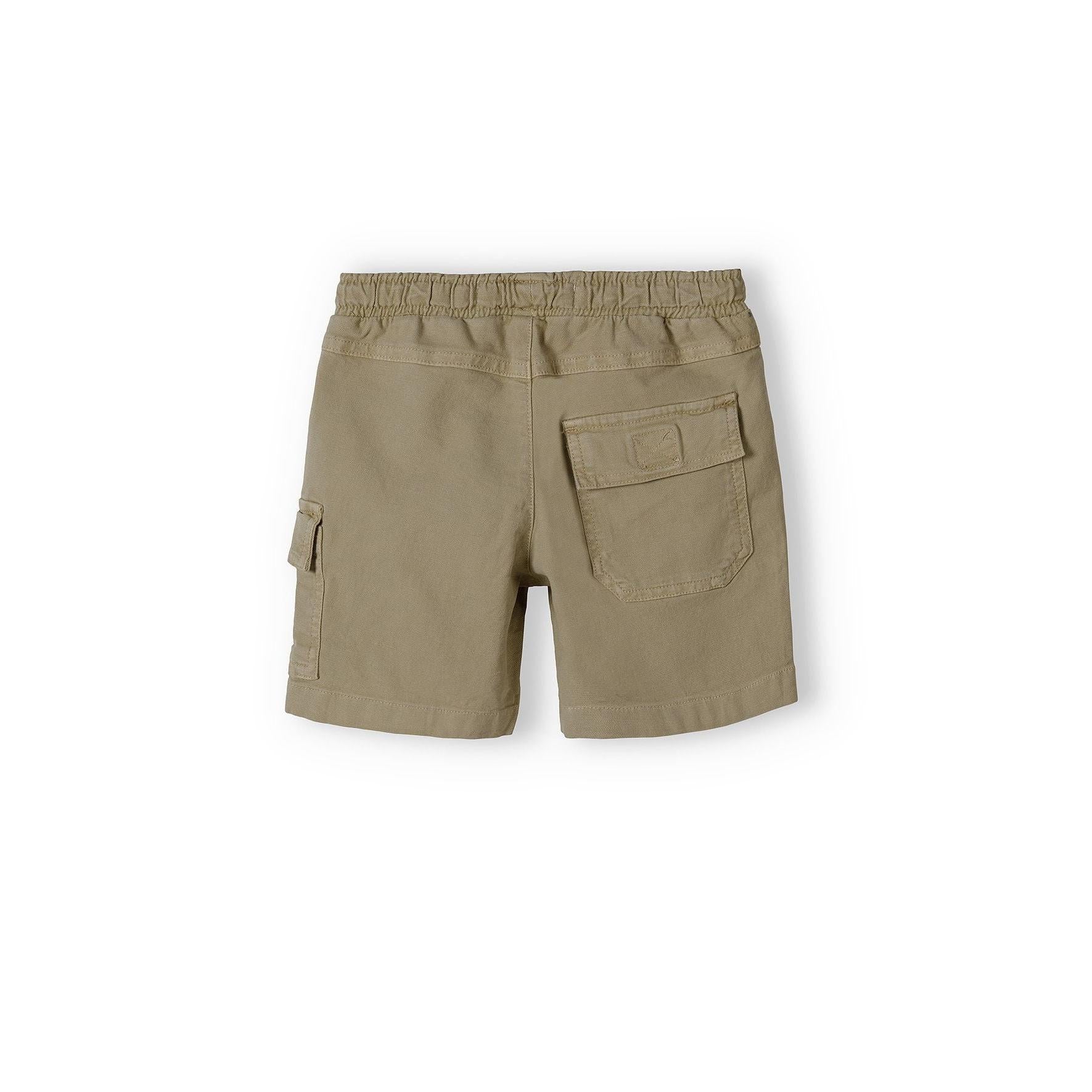 Back view of khaki combat shorts showing elasticated waistband and back pocket detail on white background