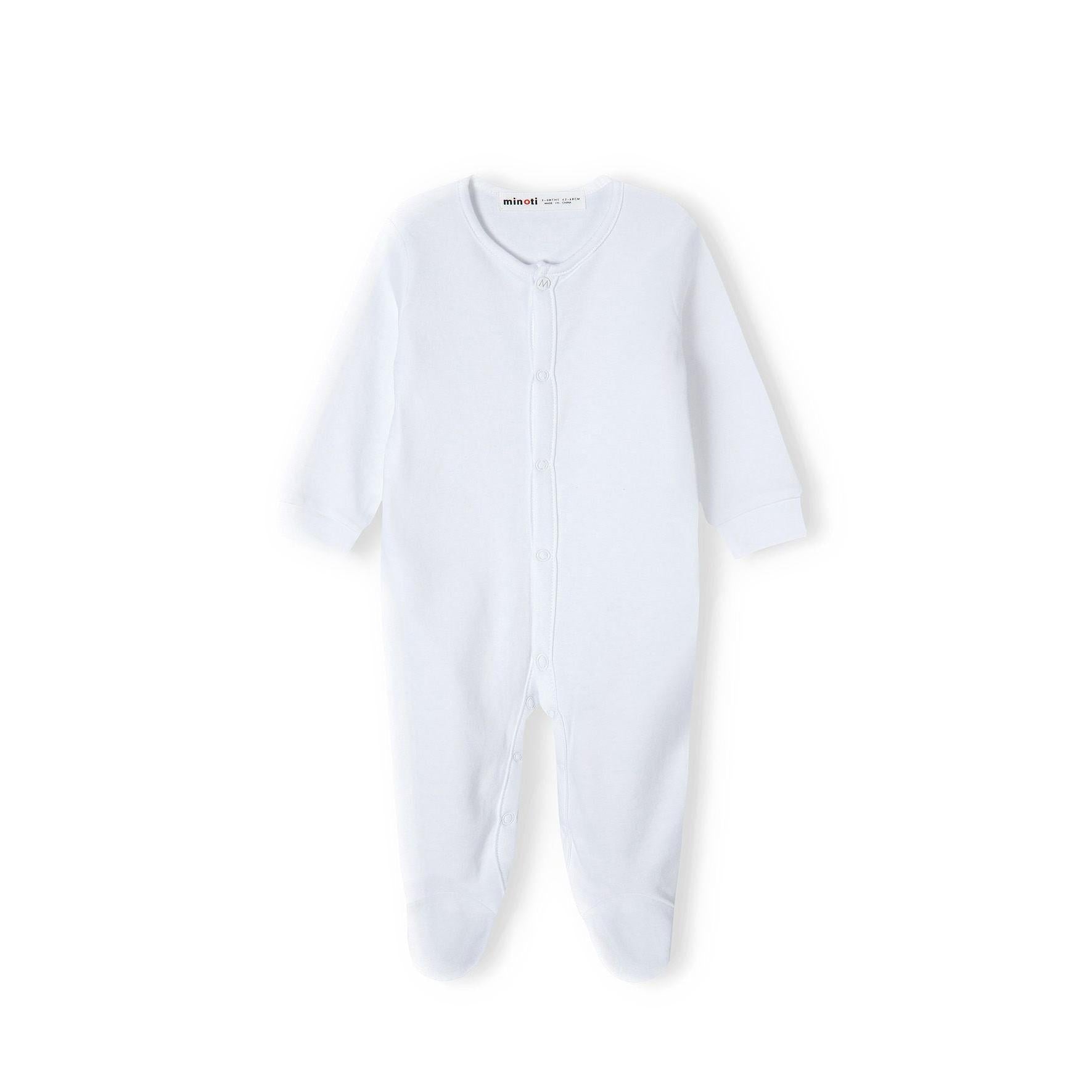 Single white cotton baby sleepsuit laid flat showing back view on white background, long sleeves and full body coverage visible