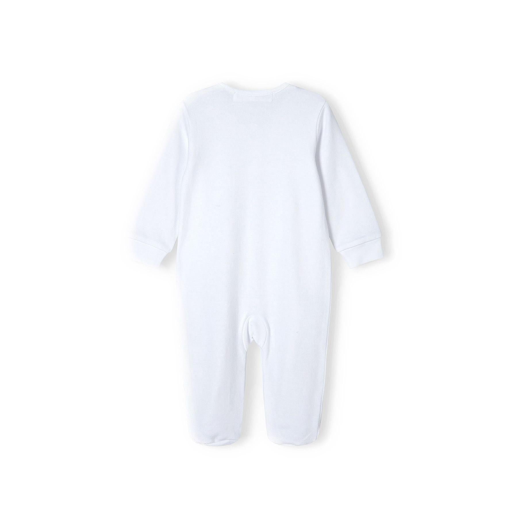 Single white cotton baby sleepsuit laid flat showing back view on white background, long sleeves and full body coverage visible