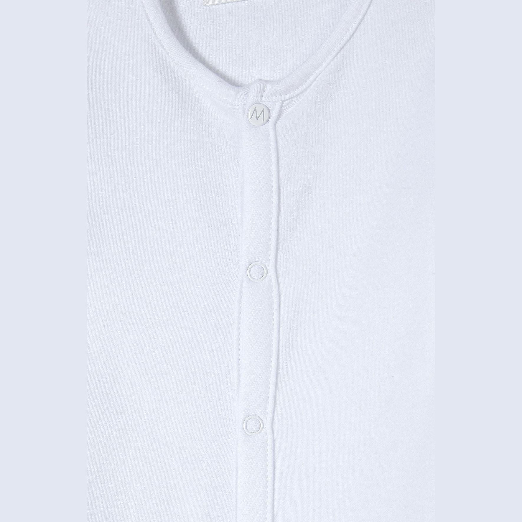 Close-up detail of white cotton sleepsuit showing round neckline and front popper fastening detail on ribbed fabric texture