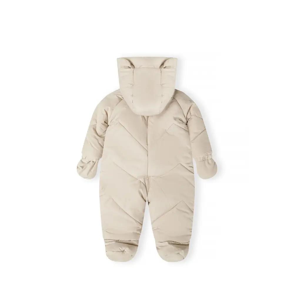 Cream padded snowsuit with 3D ears on hood, full zip closure, attached mittens and bootees, displayed flat against white background