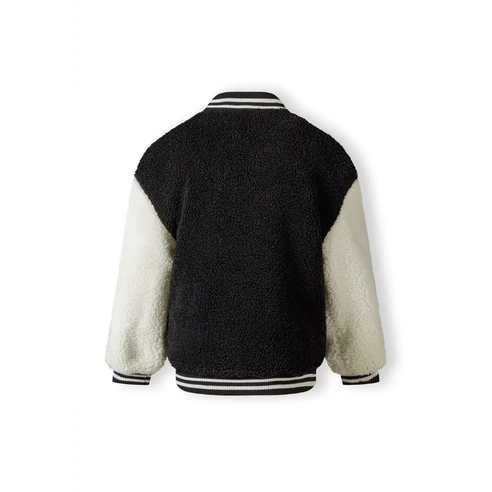 Back view of black borg baseball jacket with cream sleeves and striped ribbed collar on white background