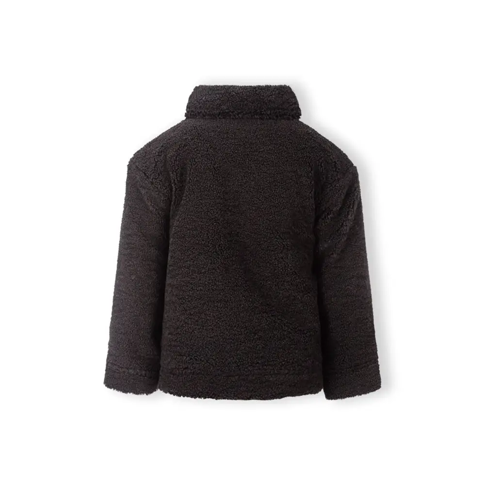 Black teddy borg jacket back view on white background displaying the soft fleece texture and relaxed fit