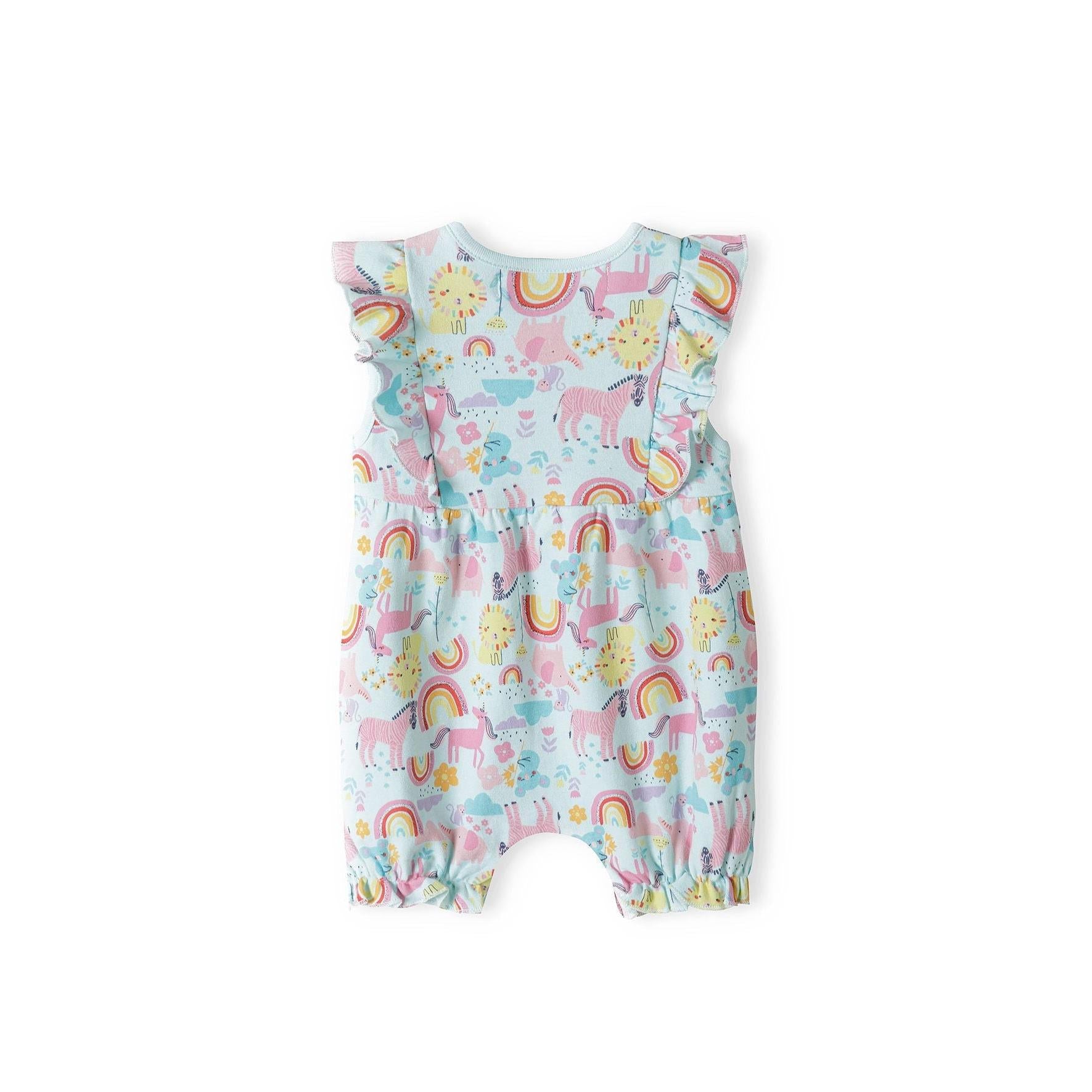 Single turquoise romper with colorful rainbow, sun and cloud print pattern, showing flutter sleeves and gathered leg openings on white background