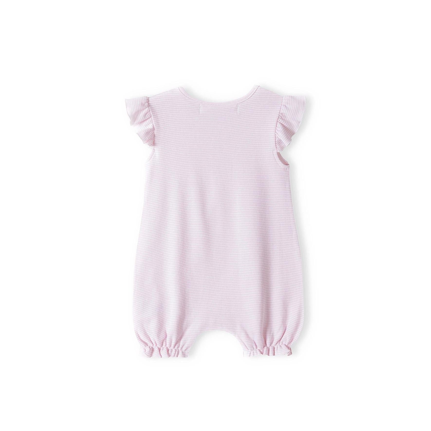 Back view of pink striped romper with subtle horizontal stripes, flutter sleeves and elastic leg openings on white background